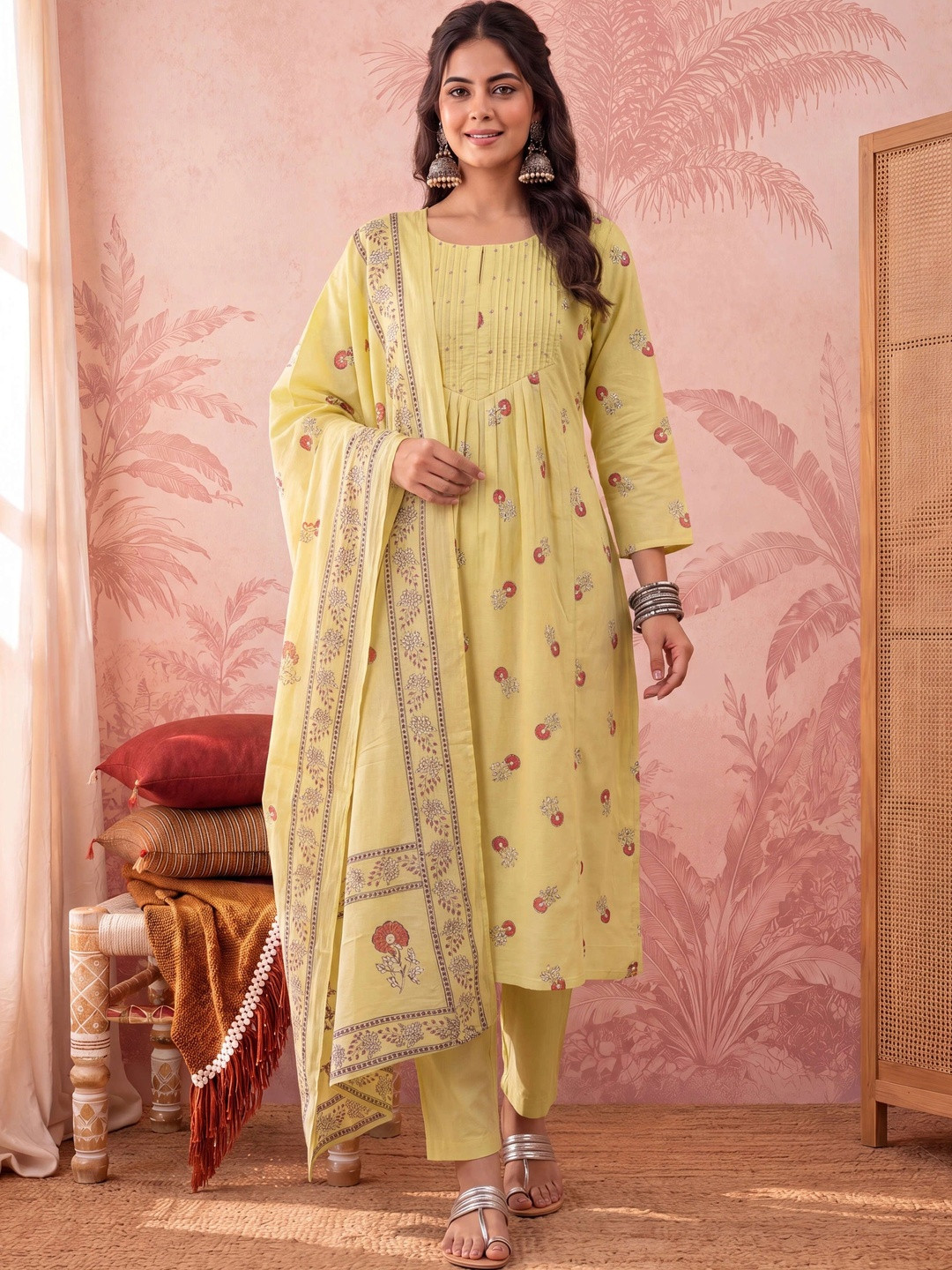 Yufta Women Floral Printed Pleated Pure Cotton Kurta with Trousers & With Dupatta