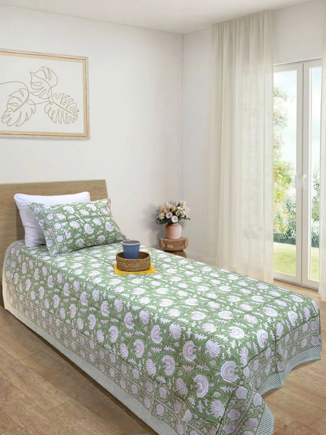 TOAI Green & White Floral 300 TC Single Bedsheet with 1 Pillow Covers