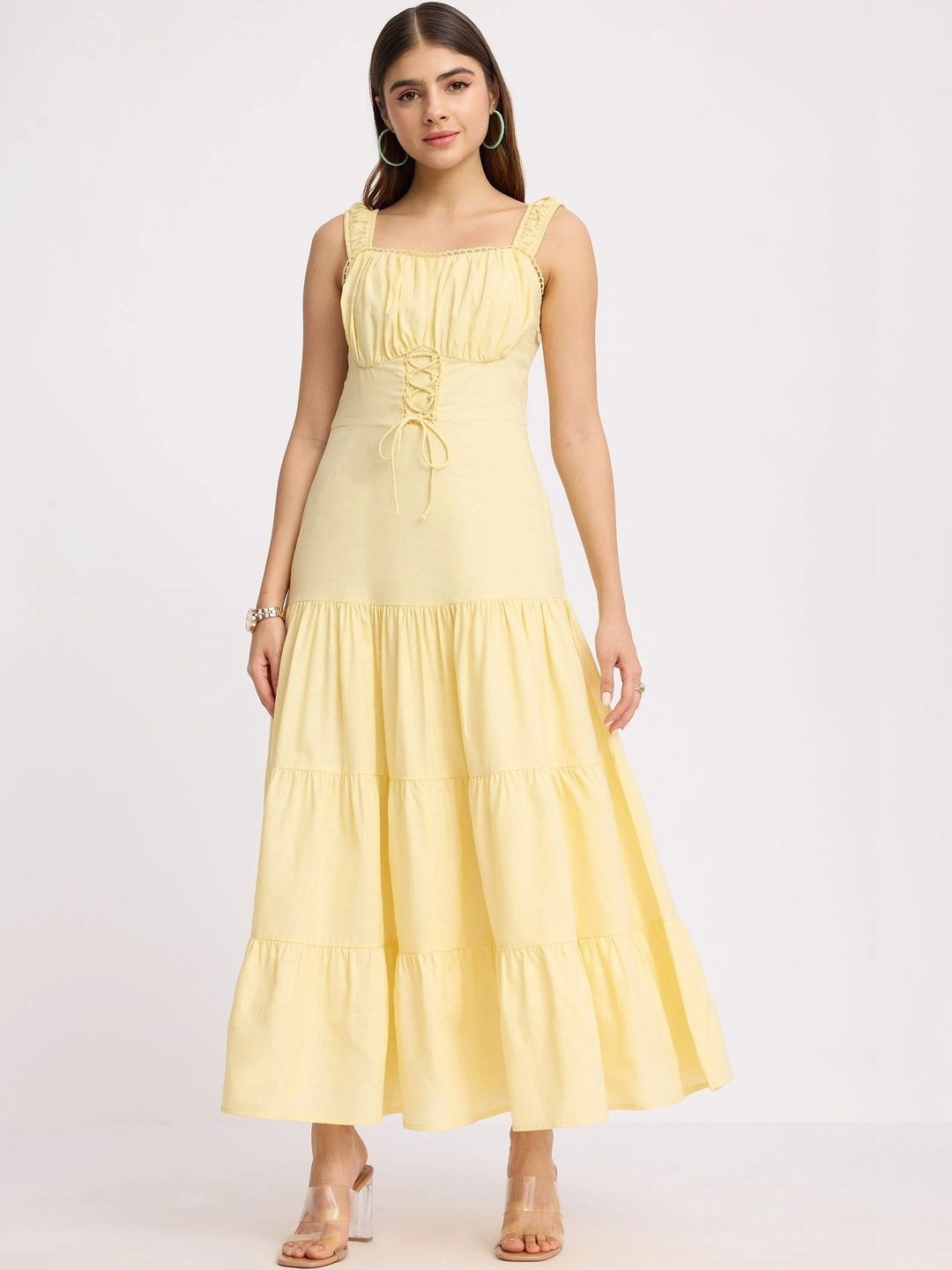Virgio Solid Cotton Tiered Lace-Up Maxi Dress For Women