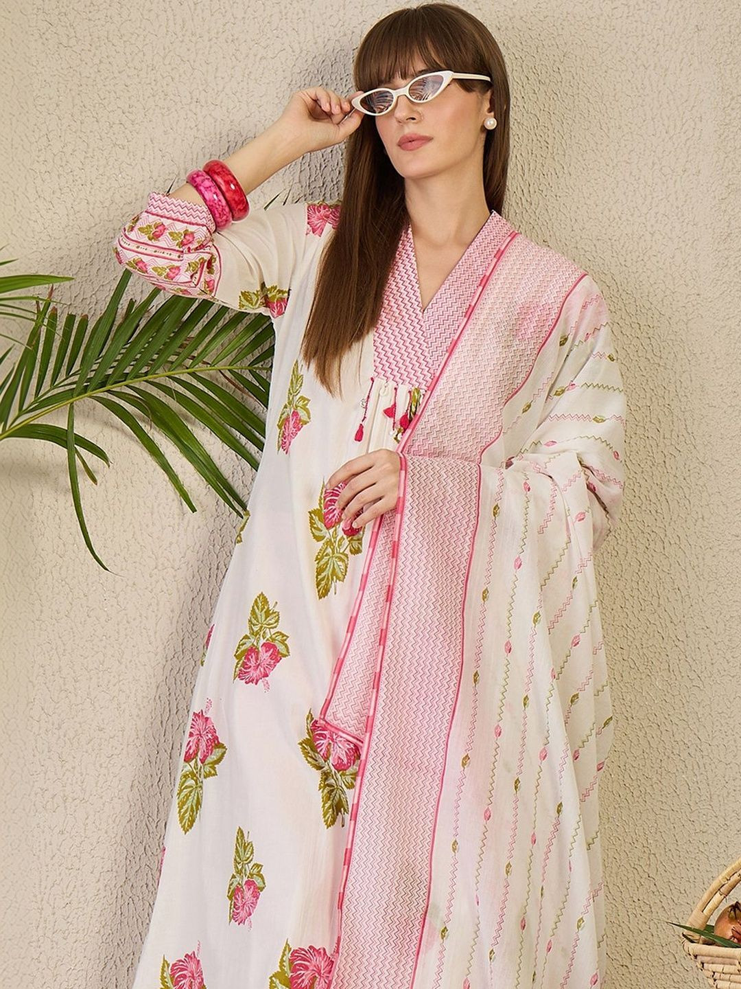 Indo Era Floral Printed Pure Cotton Kurta With Trousers & Dupatta