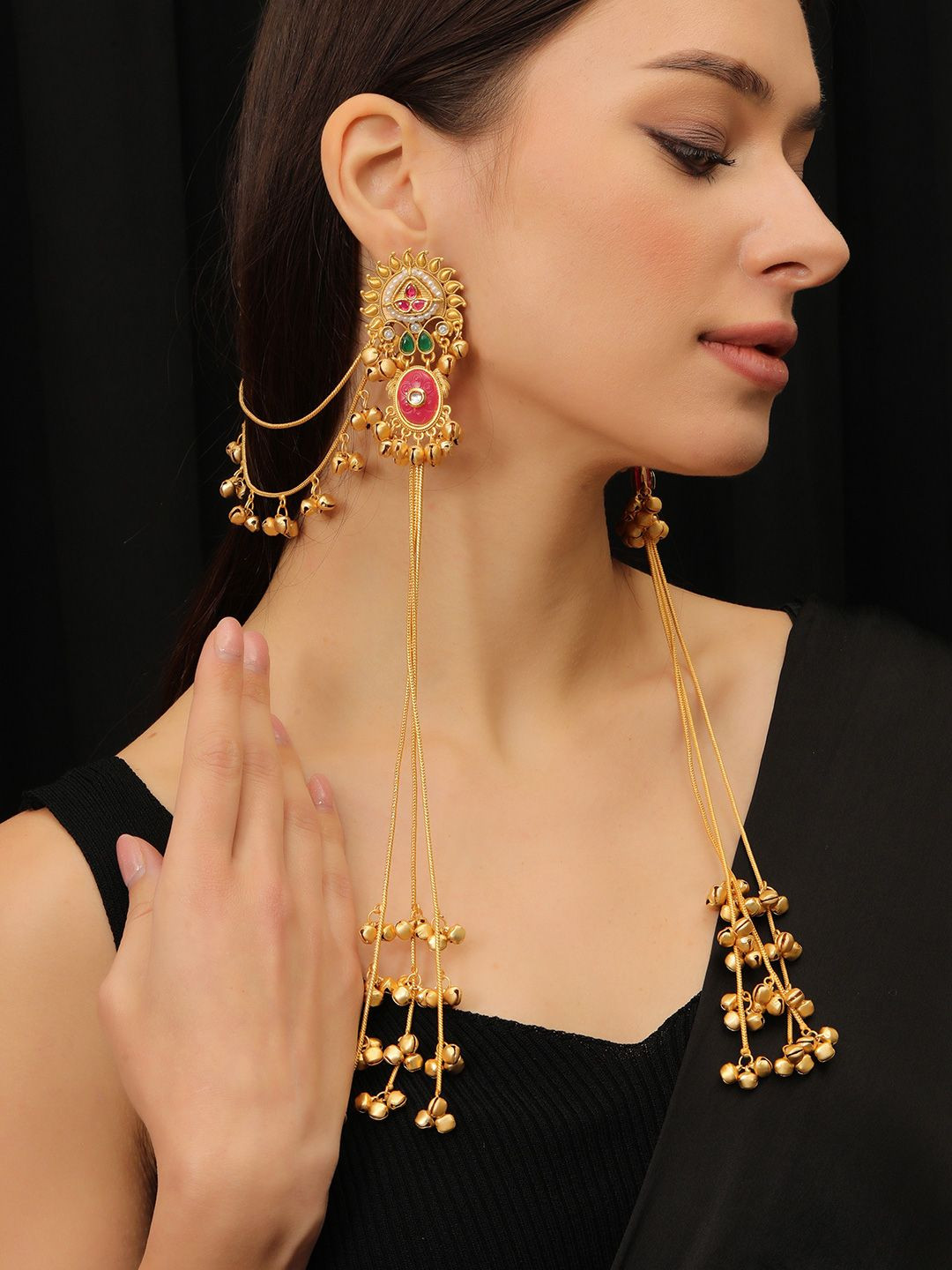 VIVAZS Premium Gold Plated Kundan stone studded Kashmiri Ear Chain Drop Earrings