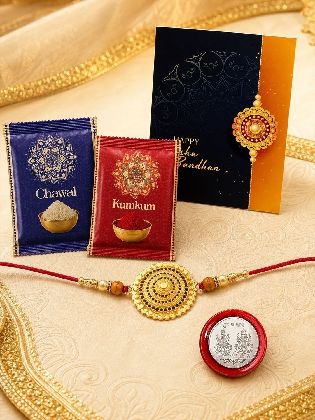 DeoDap Rakhi for Brother With Greeting Card & Roli-Chawal & Silver colour coin