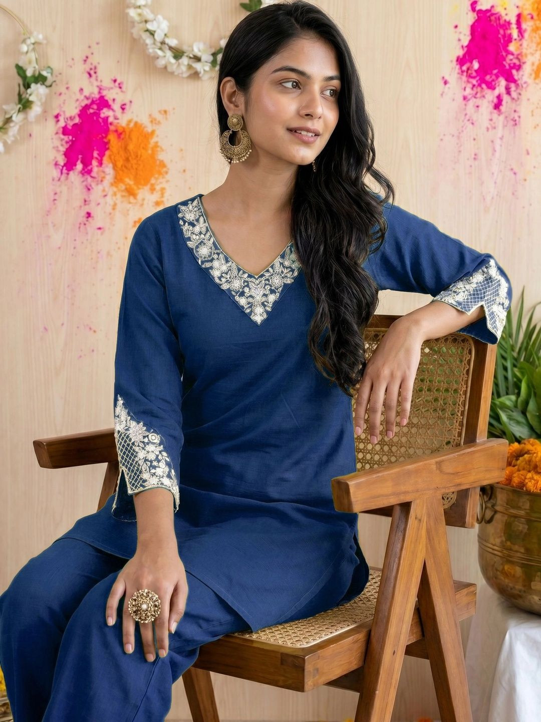 Fashionior Women Ethnic Motifs Embroidered Regular Thread Work Kurti with Trousers