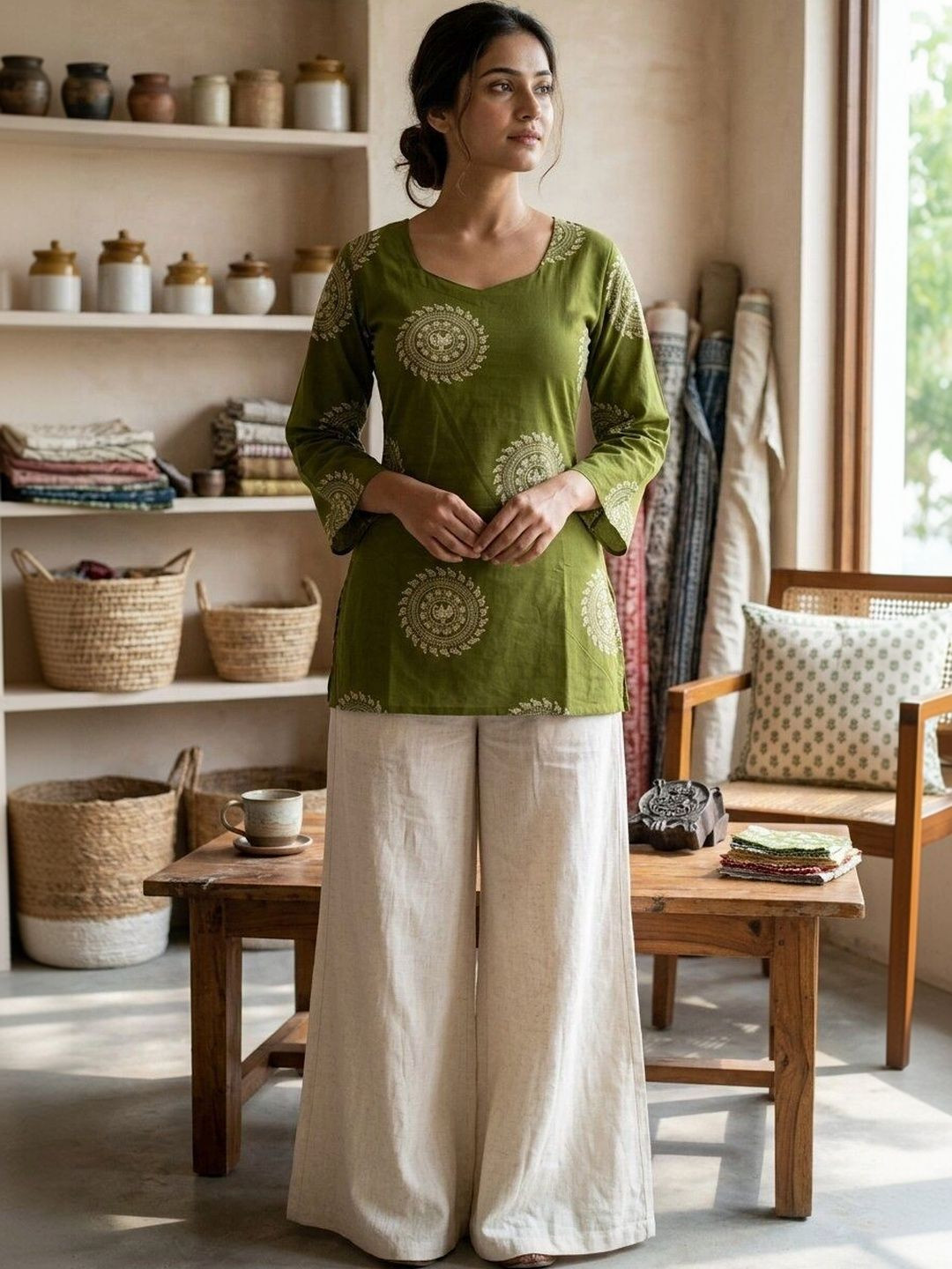 Anouk Rustic Ethnic Motifs Printed Square Neck Pure Cotton Kurti
