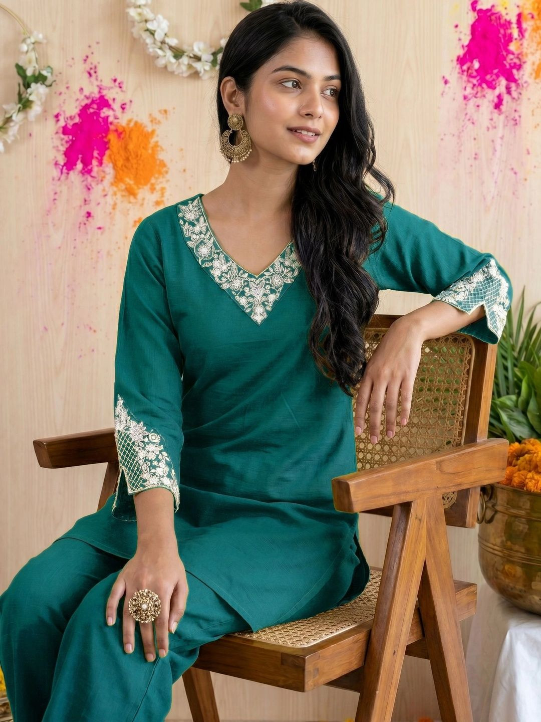 Fashionior Women Ethnic Motifs Embroidered Regular Thread Work Kurta with Trousers