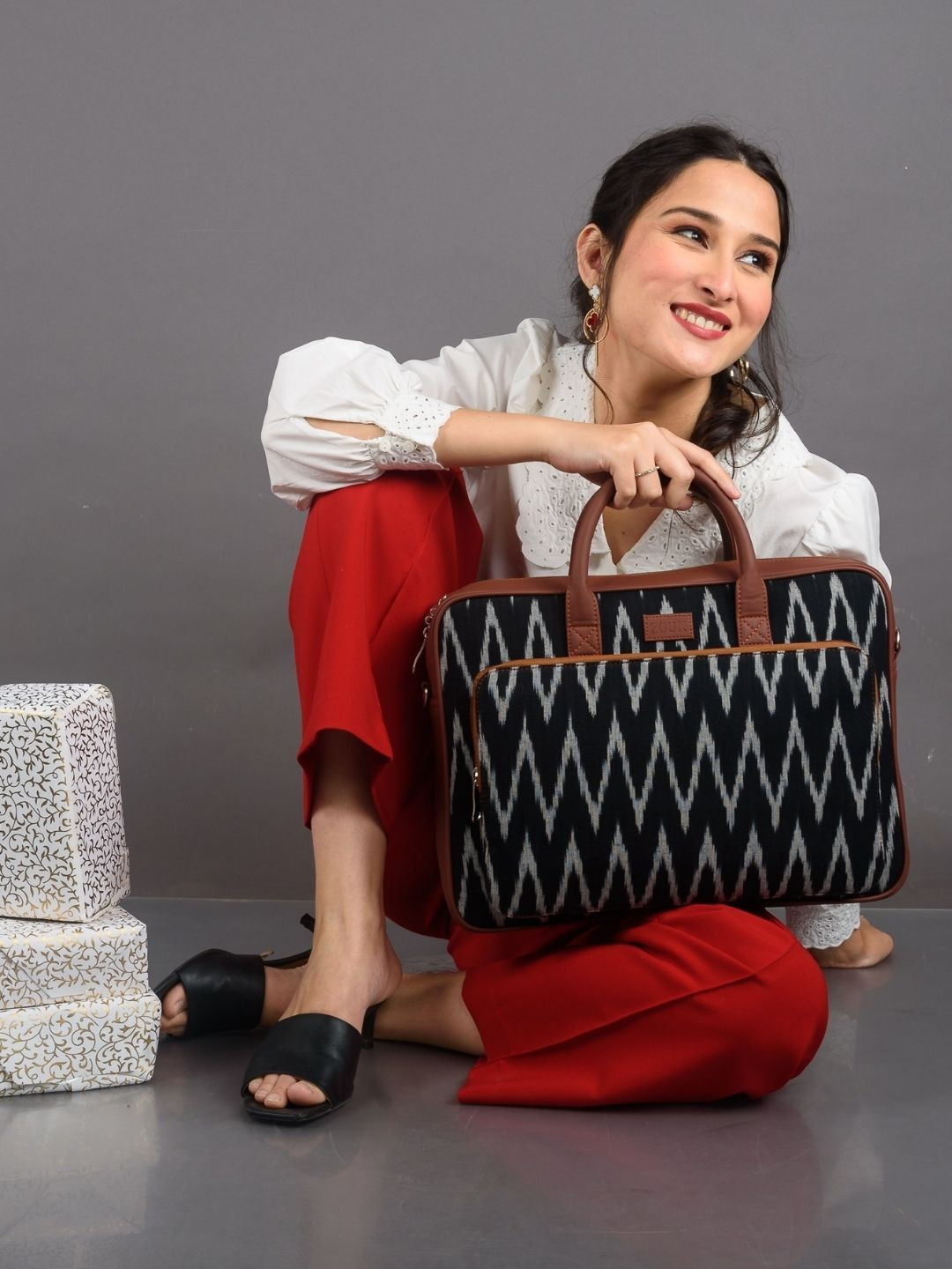 ZOUK Unisex Black & White Printed Ikat Fabric Vegan Leather Laptop Bag