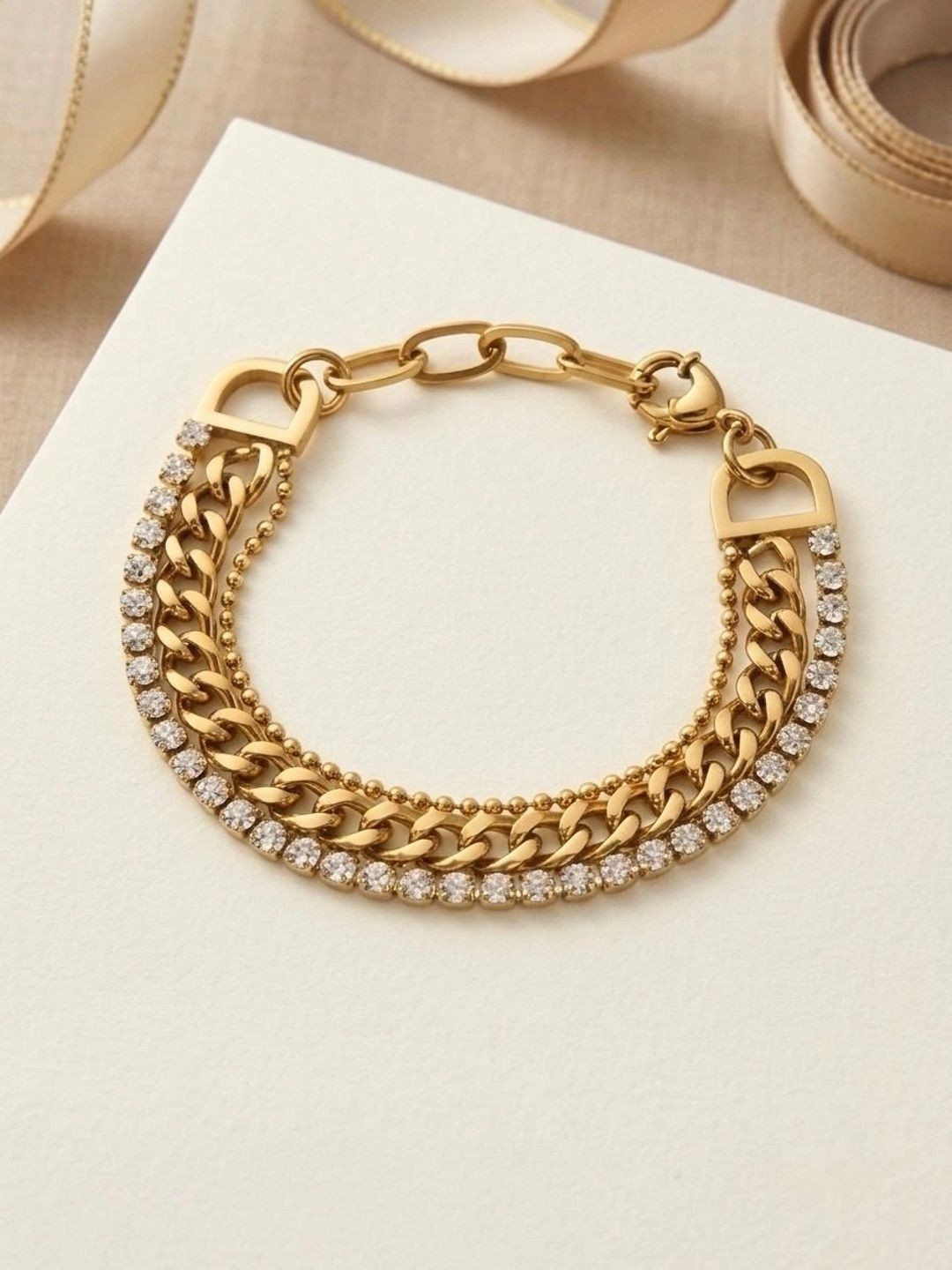 JYARSH Women Stainless Steel CZ Gold-Plated Multistrand Cuban Bracelet