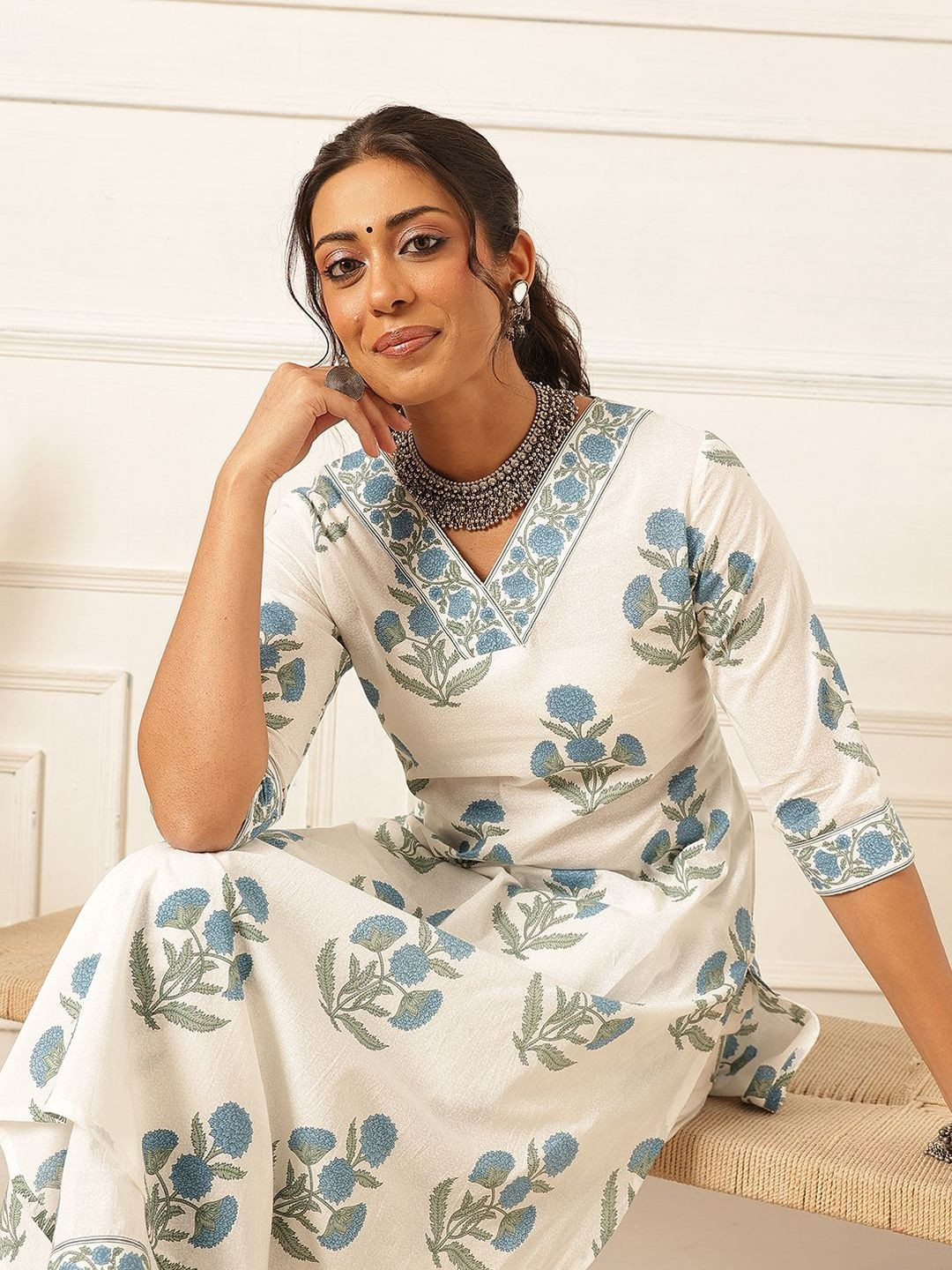 Ginni Arora Label Women Floral Printed Regular Pure Cotton Kurta with Trousers