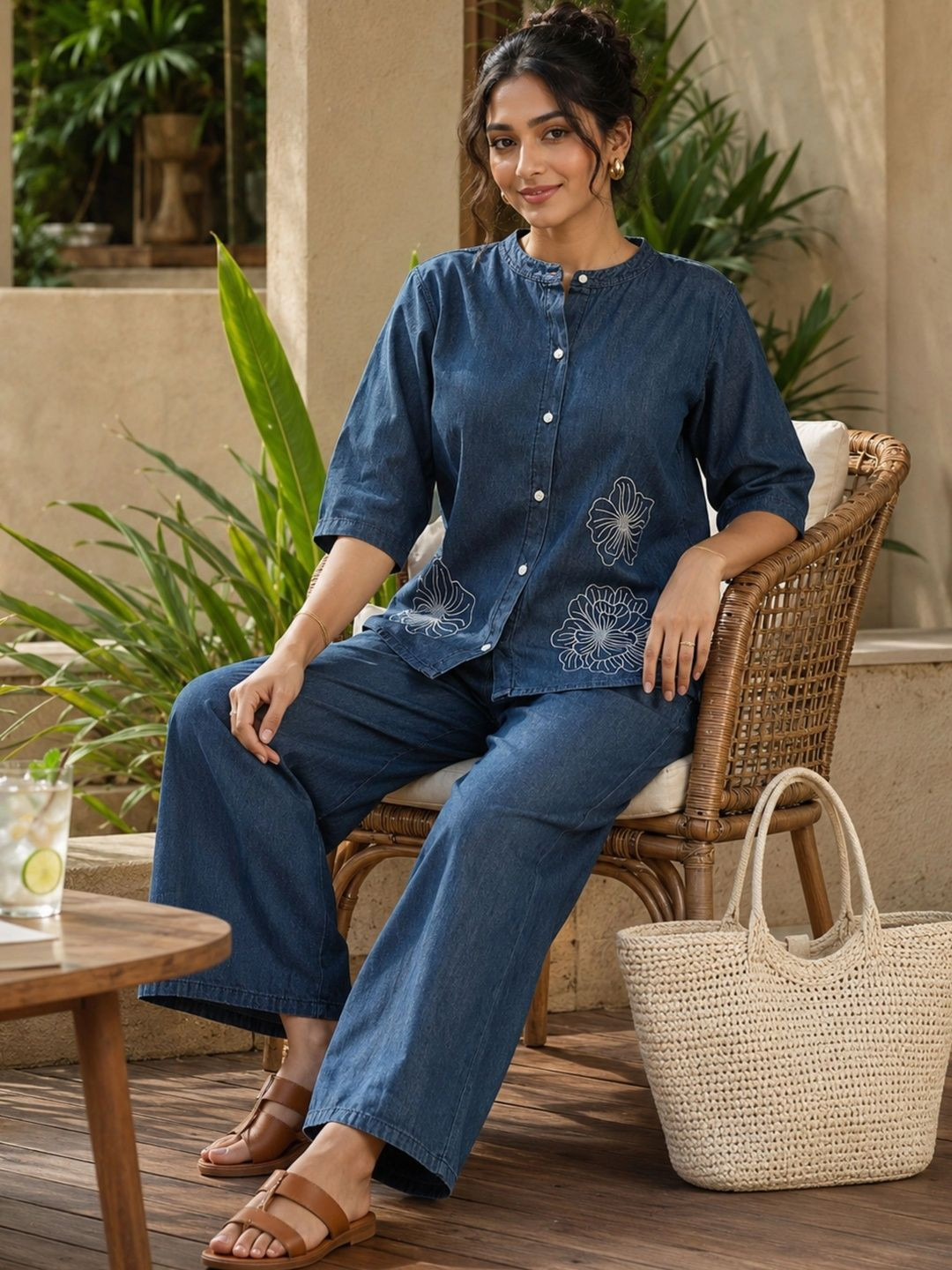 Highgarden Women Pure Cotton Denim Wash Floral Embroidered Co-Ords
