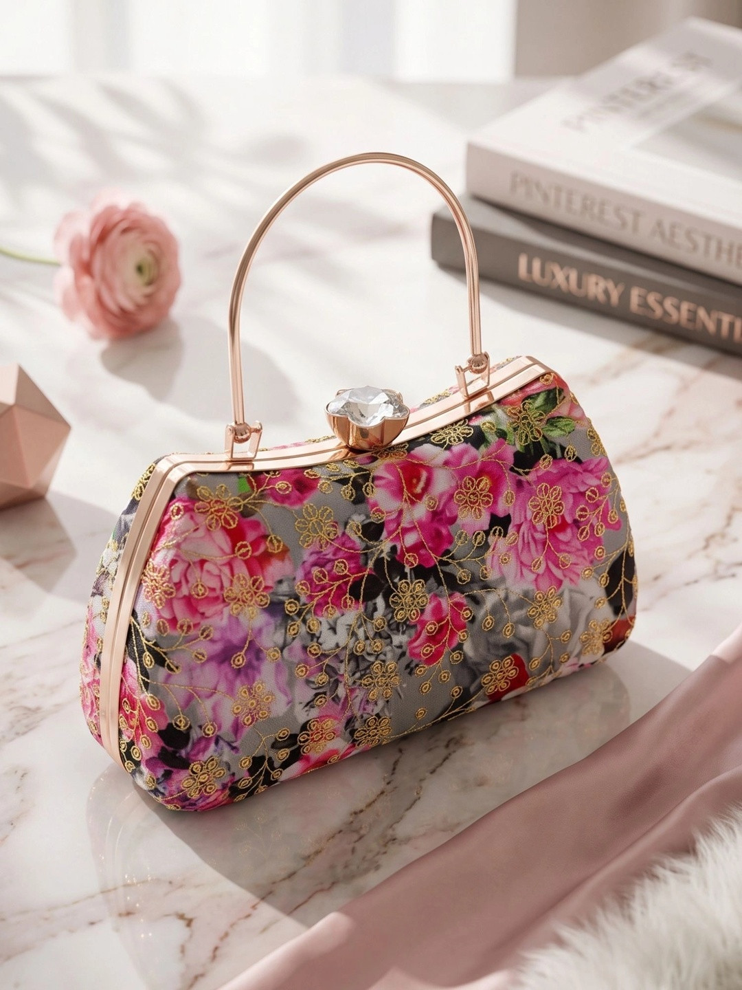 MISHA Printed Embellished Box Clutch