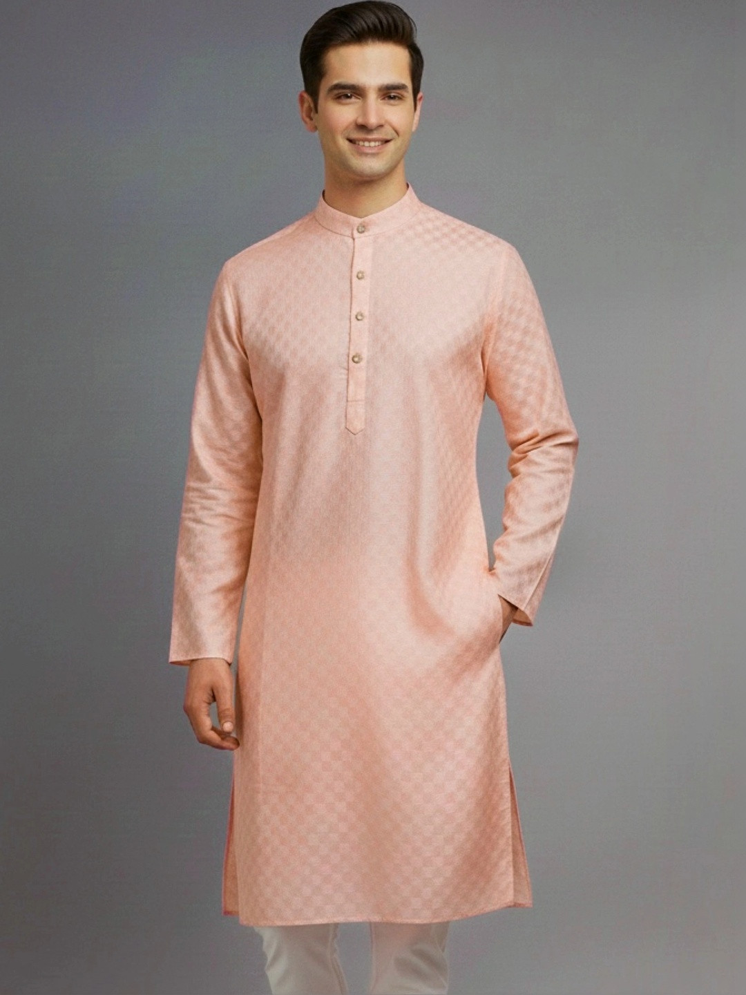 Tibra Collection Men Woven Design Mandarin Collar Jacquard Cotton Kurta