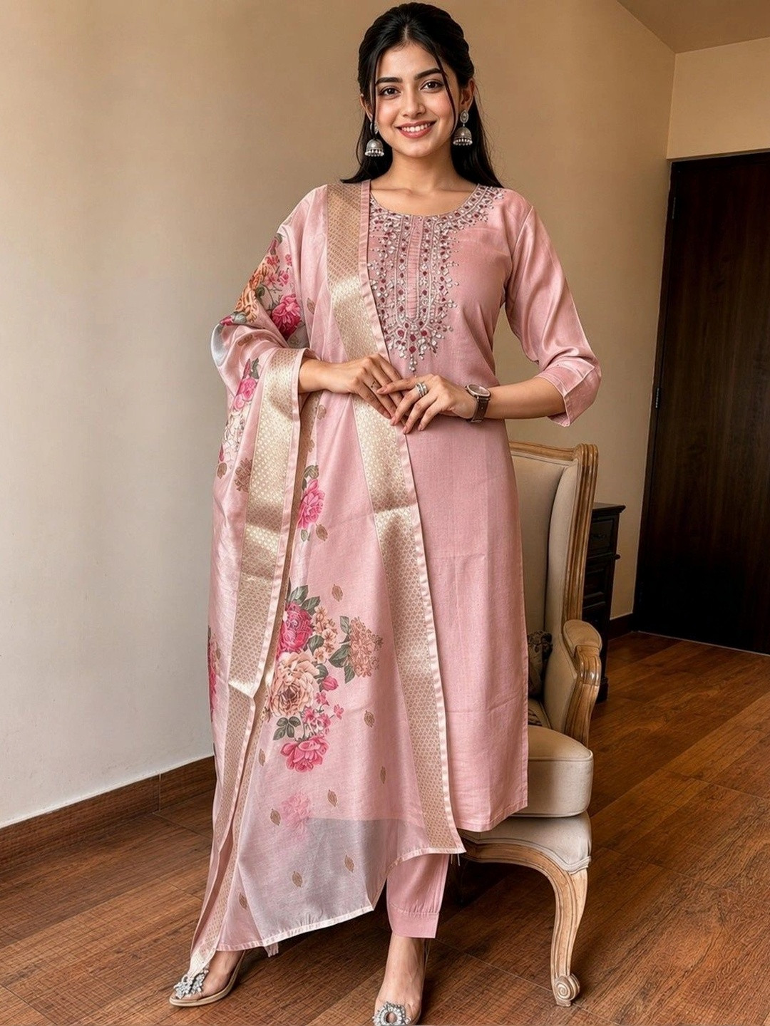 JK Design Studio Women Floral Embroidered Regular Thread Work Kurta with Trousers & With Dupatta