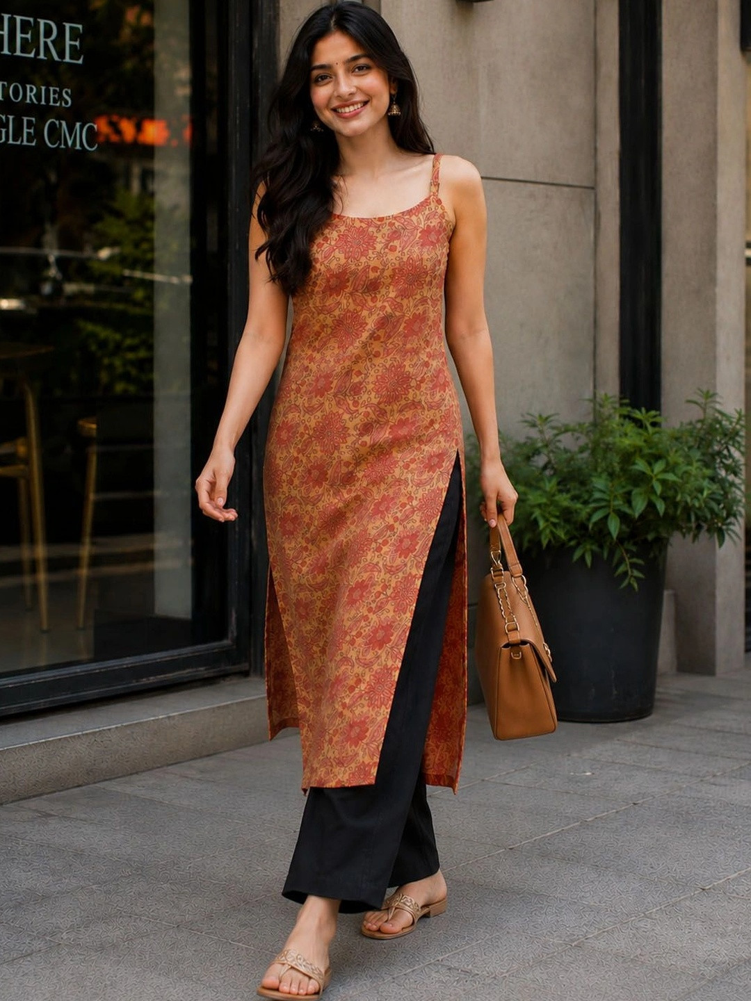 Mustard Yellow, Rust Orange Floral Print Cotton Straight Kurti