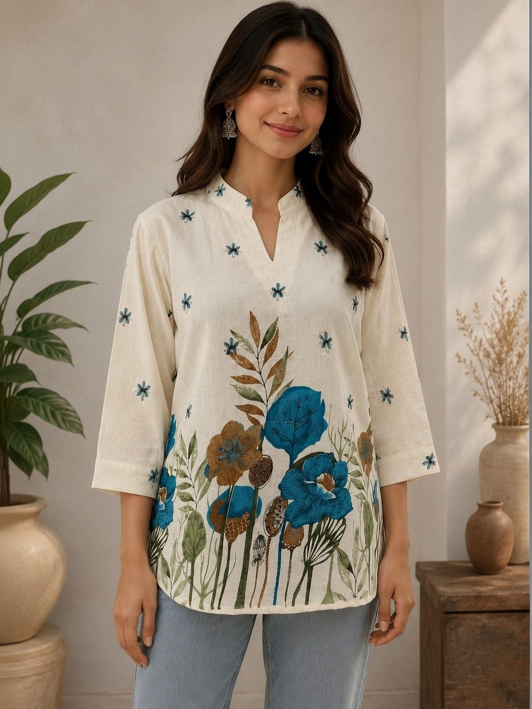 BELSHY Floral Print Mandarin Collar Top