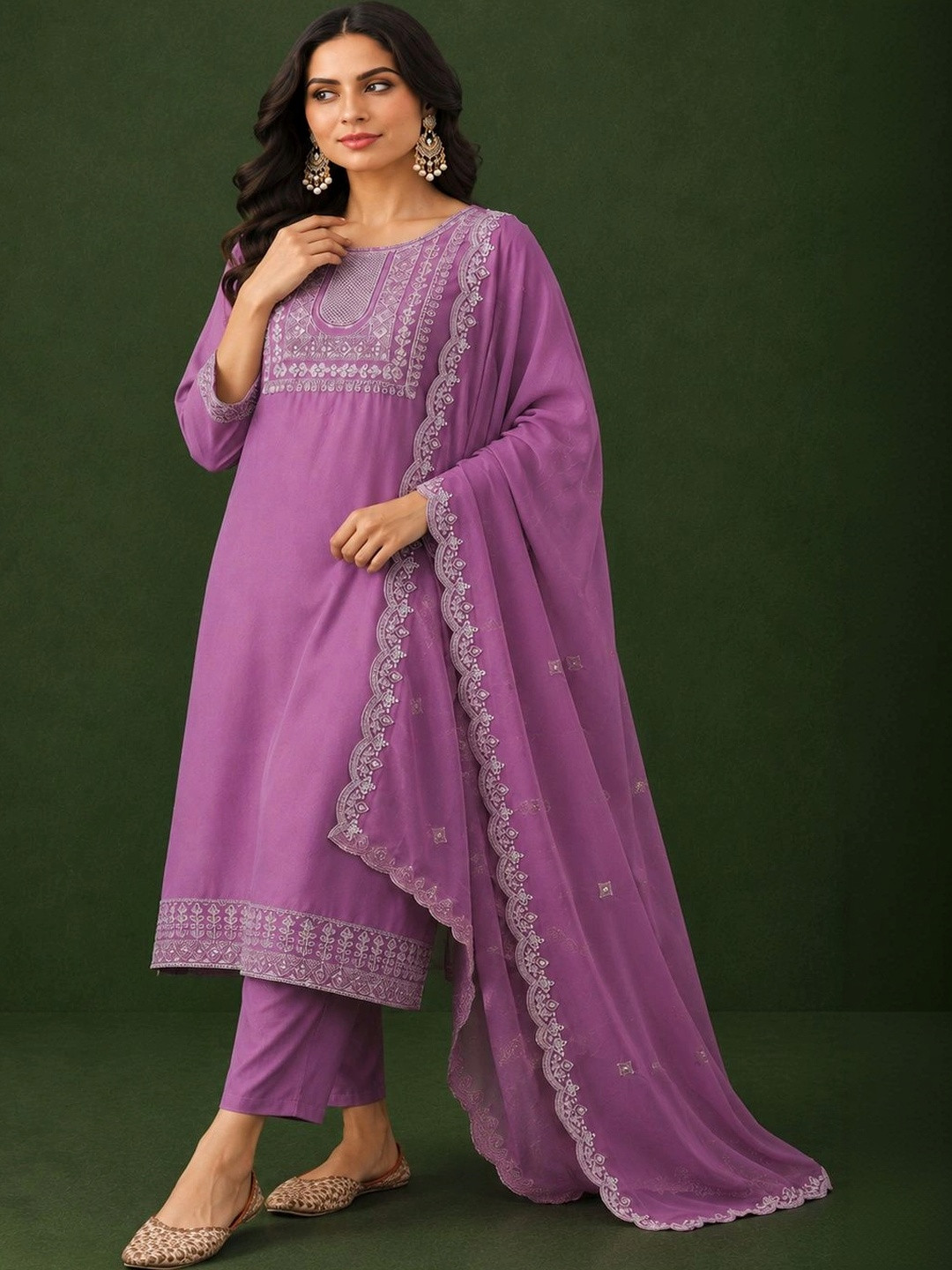 MITUDAY Women Ethnic Motifs Embroidered Regular Thread Work Pure Cotton Kurta with Trousers & With Dupatta