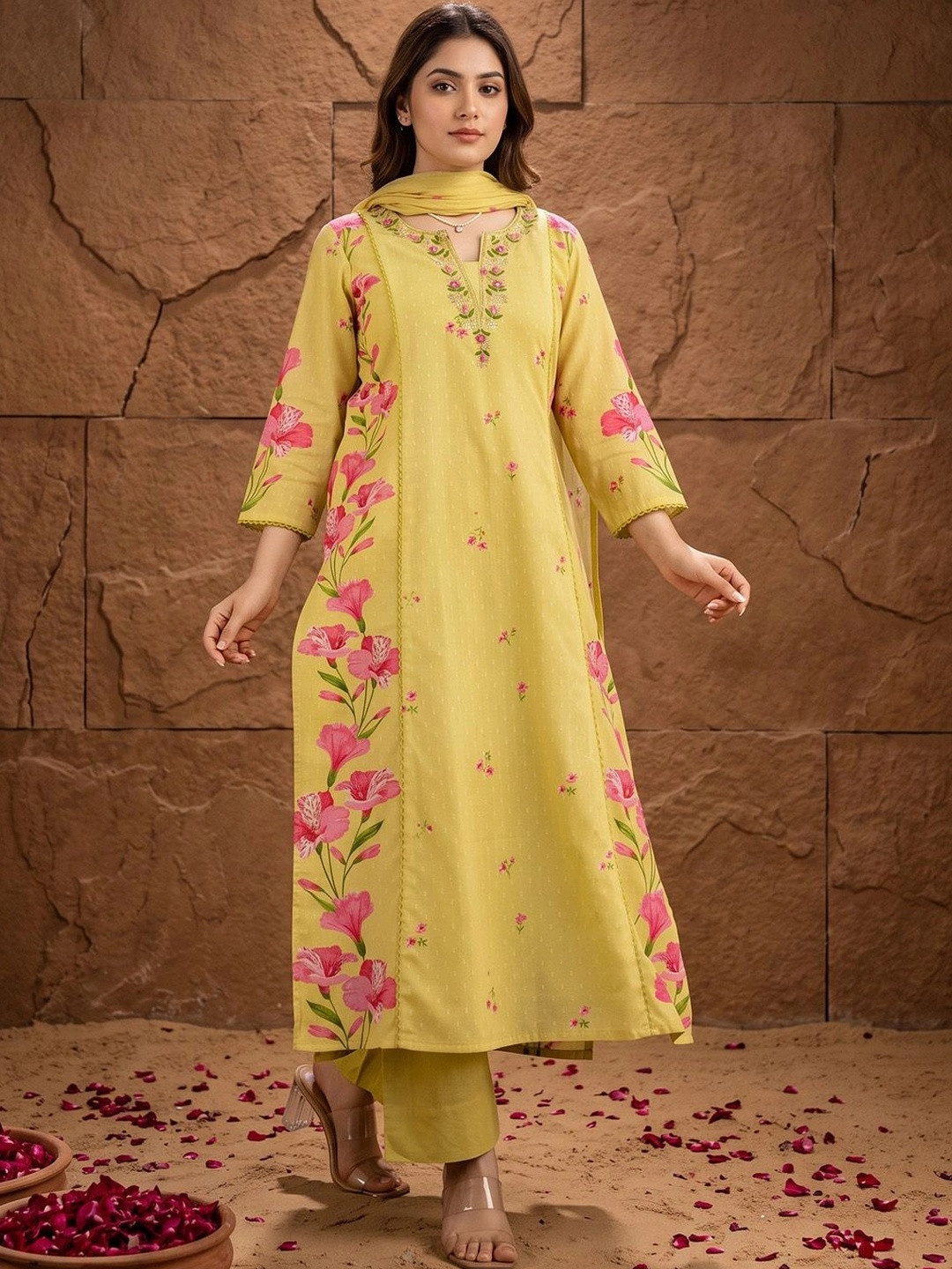 House of Pataudi Women Floral Printed Regular Thread Work Kurta with Trousers & With Dupatta