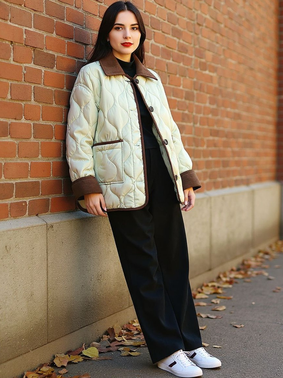 HERE&NOW Women Windcheater Solid Notched Lapel Quilted Jacket
