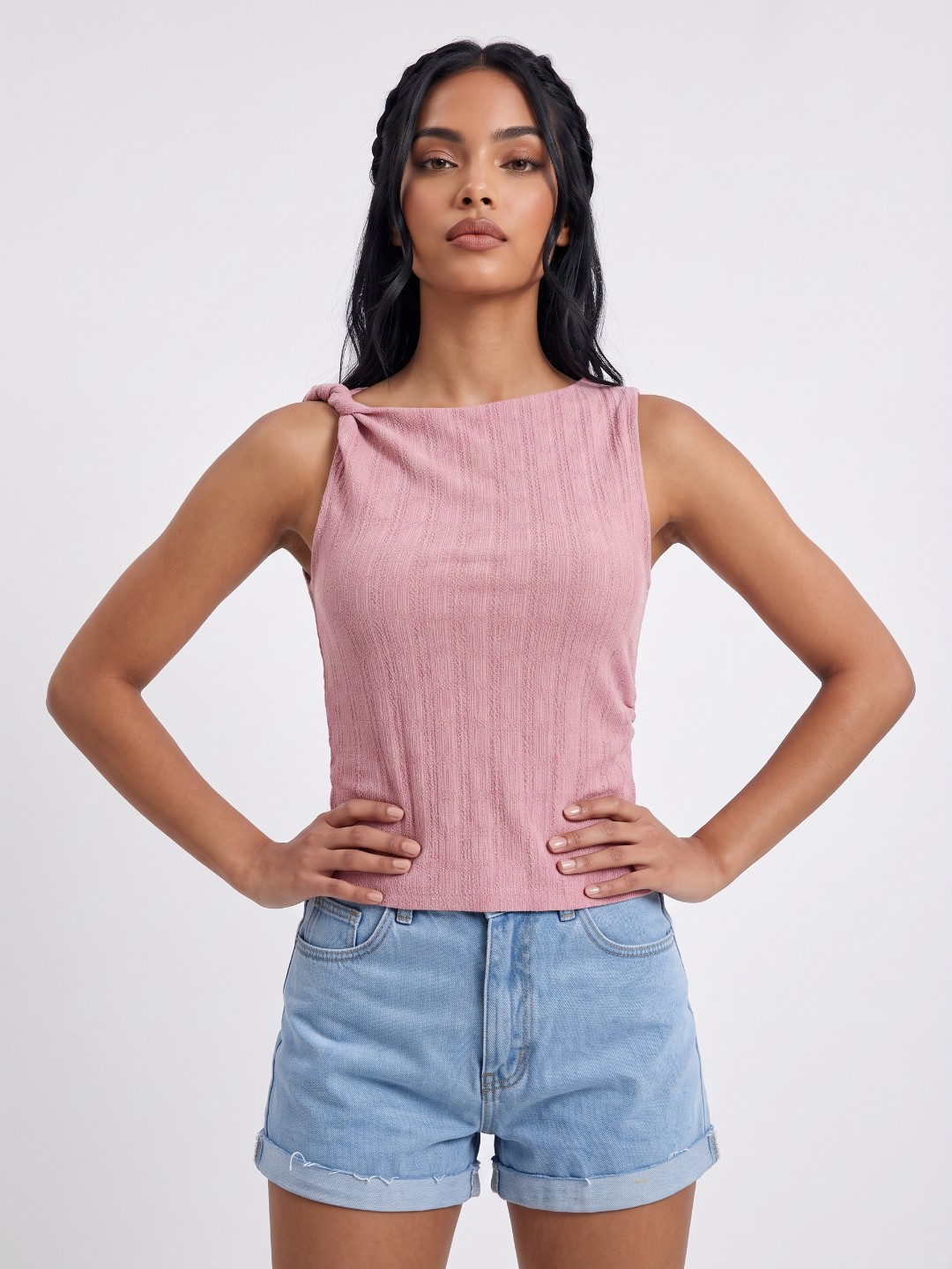 Mauve Textured Boat Neck Sleeveless Top
