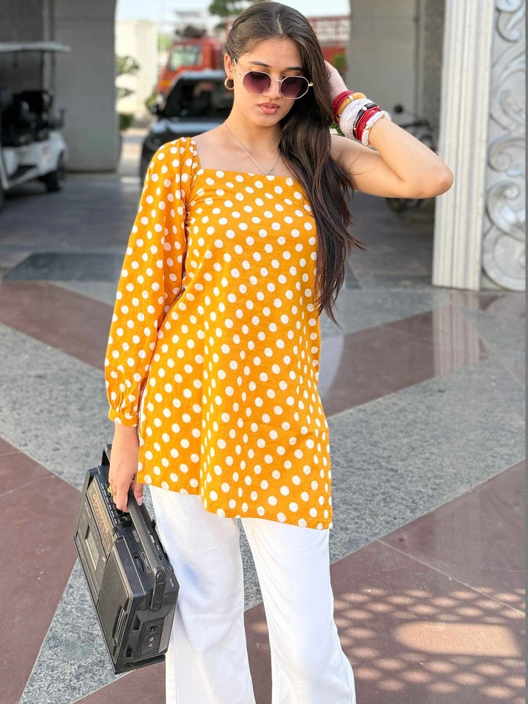 Rashijangidofficial Polka Dot Printed Square Neck Pure Cotton Kurti