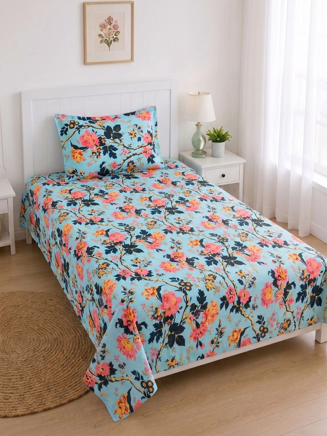 MAFATLAL Blue Floral Printed Pure Cotton 144 TC Single Bedsheet With 1 Pillow Cover