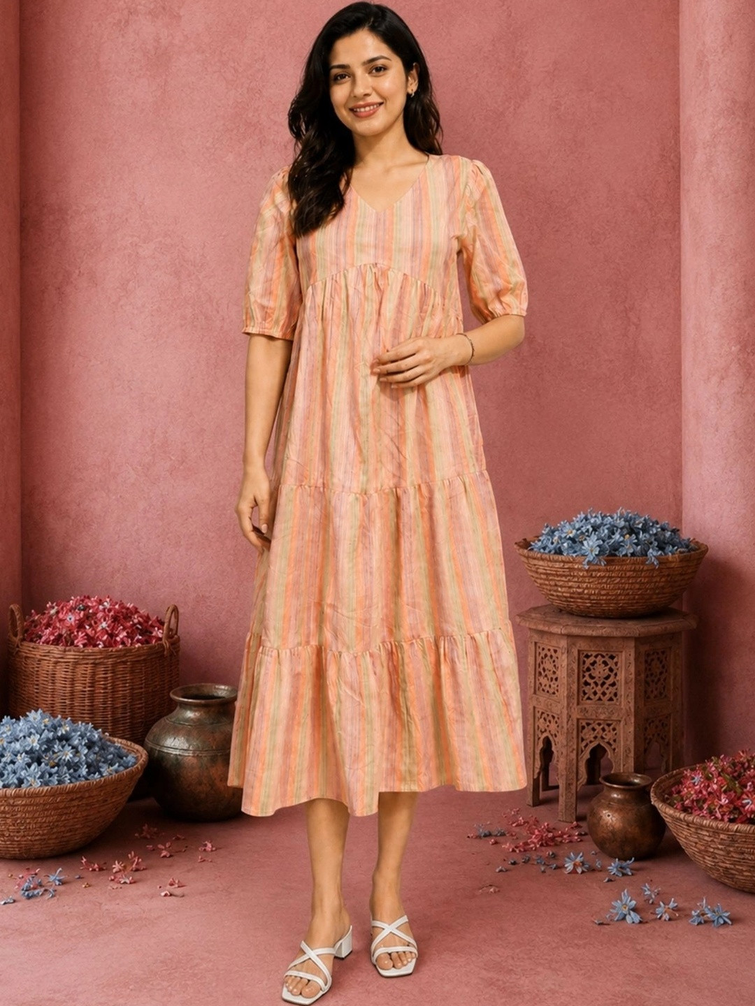 NAVYAAZRI Striped Puff Sleeve A-Line Midi Dress
