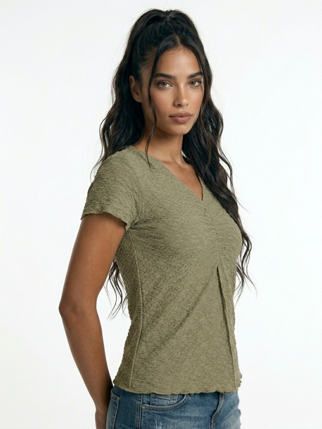 glitchez V-Neck Textured Fitted Top