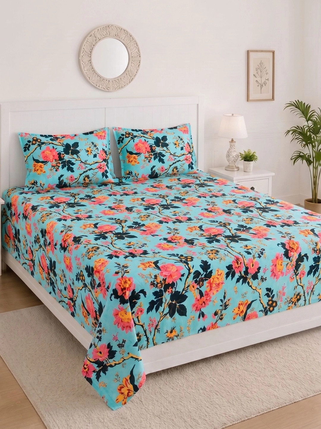MAFATLAL Blue & Black Floral 144 TC King Bedsheet with 2 Pillow Covers