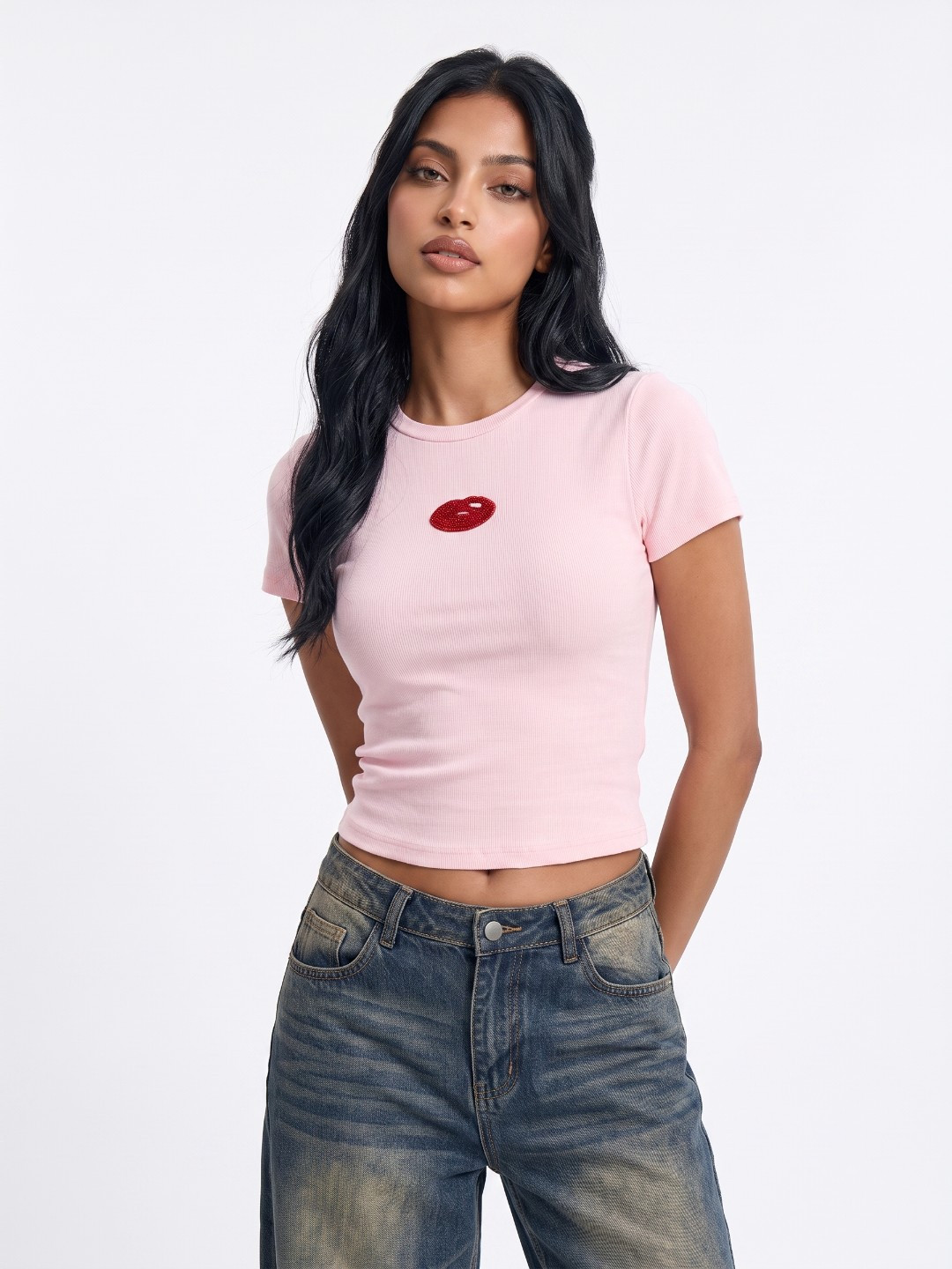 glitchez Pure Cotton Beaded Embroidery Slim Fit T-shirt