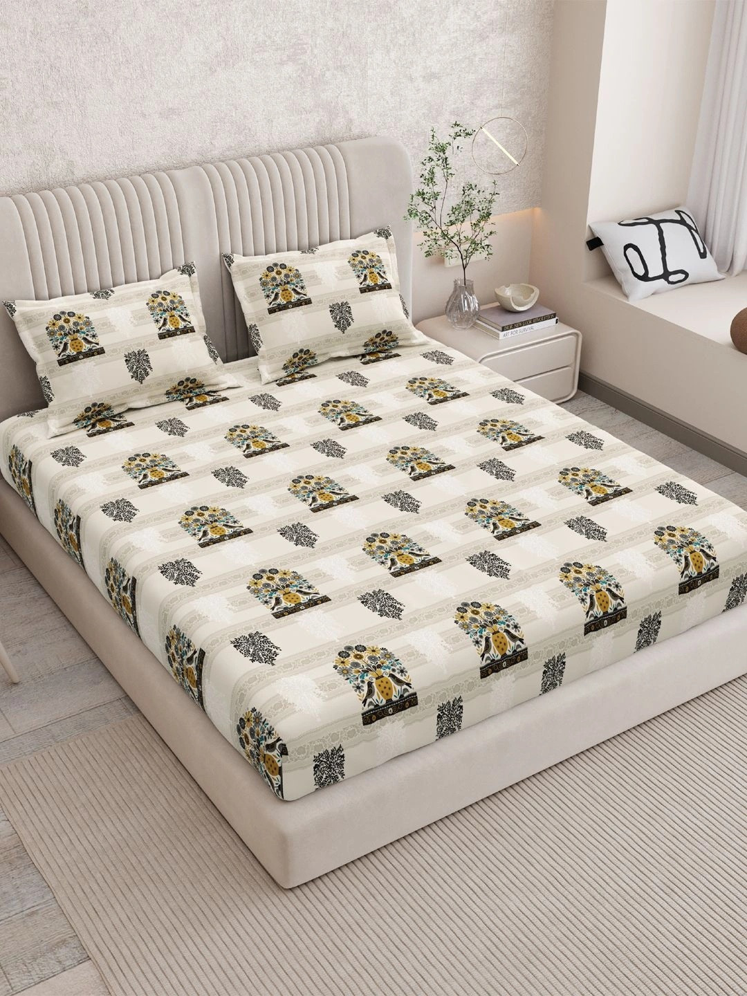 Myntra Elegant Homes Cotton 120 TC Floral King Superfine Bedsheet With 2 Pillow Cover-2.70m x 2.70m