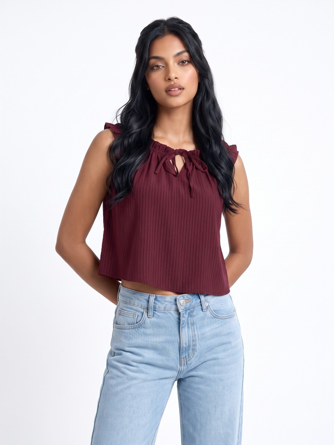 Burgundy Tie-Up Neck Textured Top