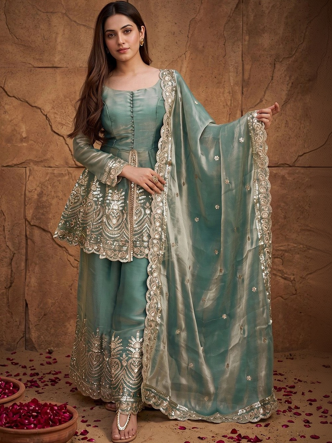 House of Pataudi Women Ethnic Motifs Embroidered Empire Sequinned Kurta with Palazzos & With Dupatta