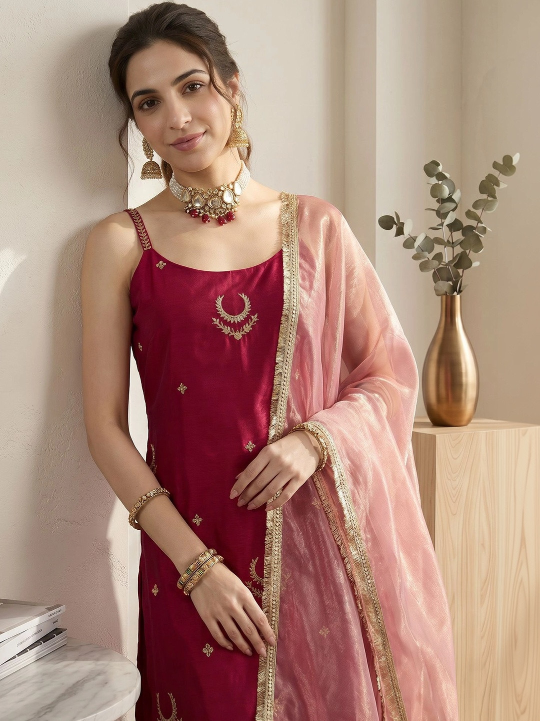 SOURAGYA Women Ethnic Motifs Embroidered Regular Kurta with Trousers & With Dupatta