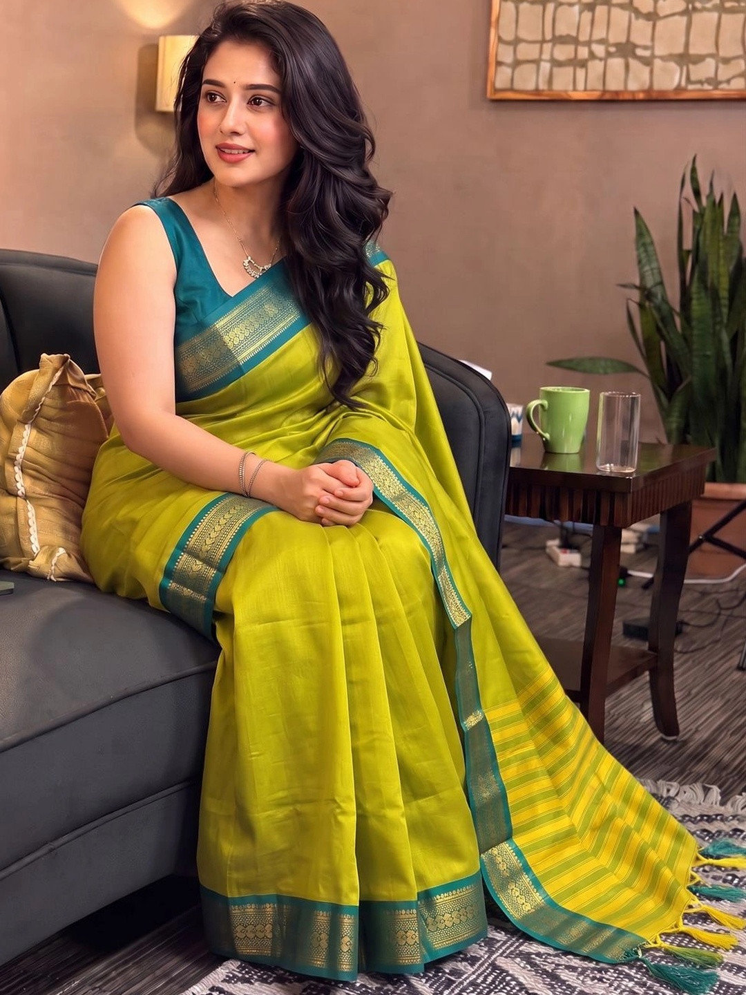 SILKWEAR Striped Zari Silk Cotton Handloom Paithani Saree With Blouse