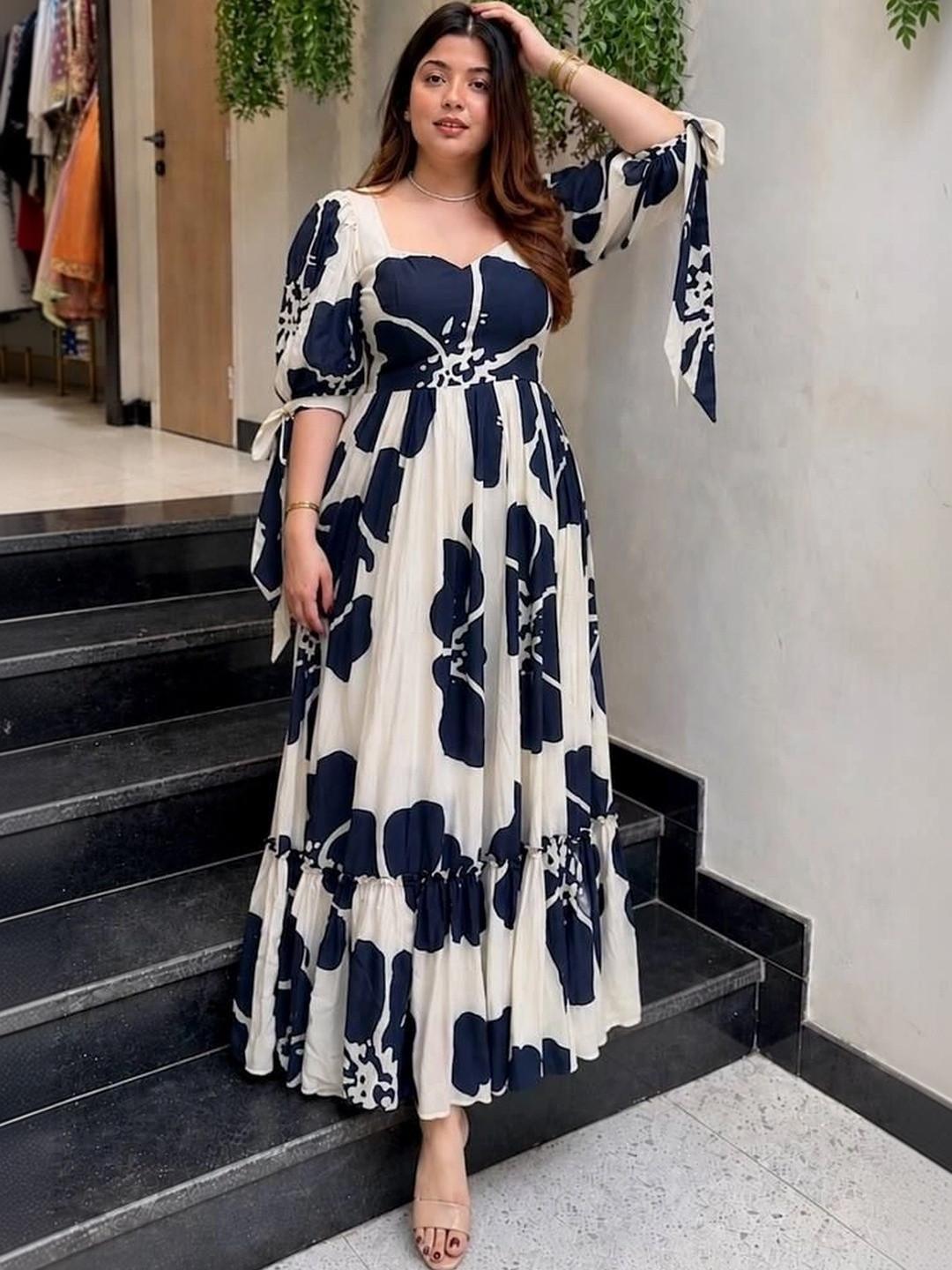 VASTRYN Floral Print Puff Sleeve Satin A-Line Maxi Dress