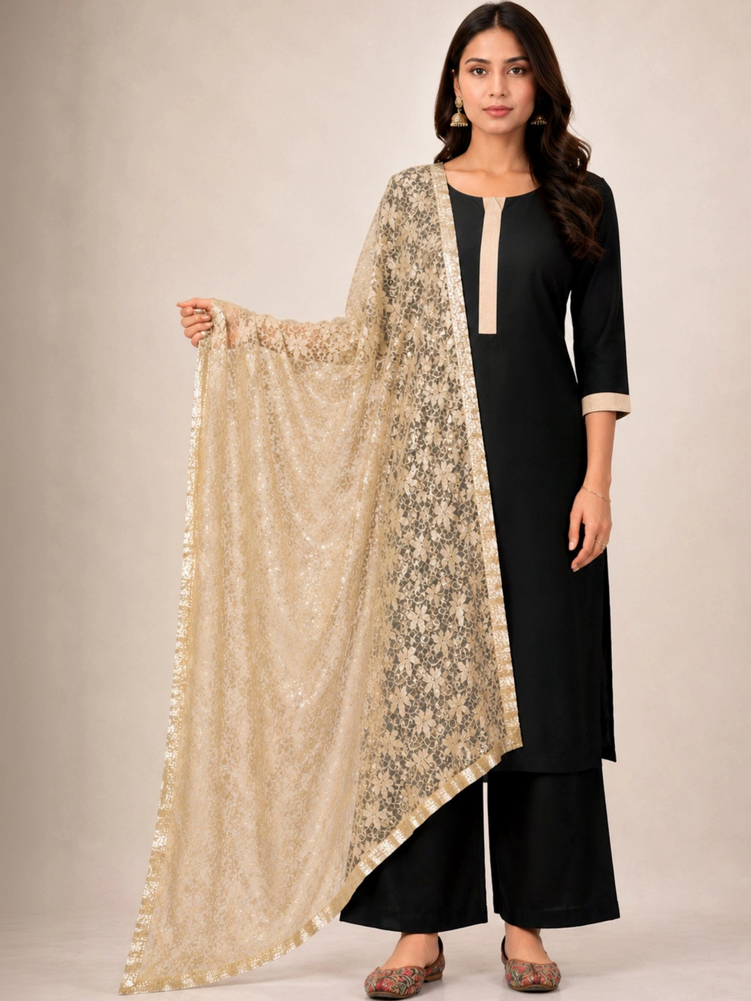 HAUTEMODA Embroidered Dupatta with Sequinned
