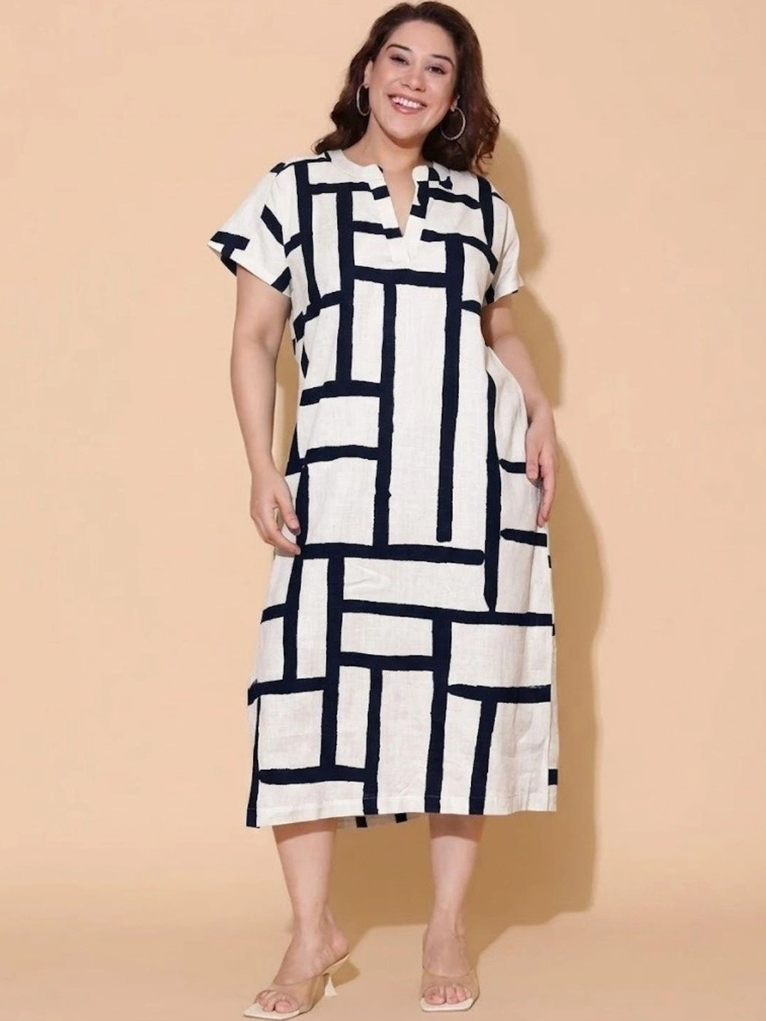 The Pink Moon Print Linen Kaftan Midi Dress