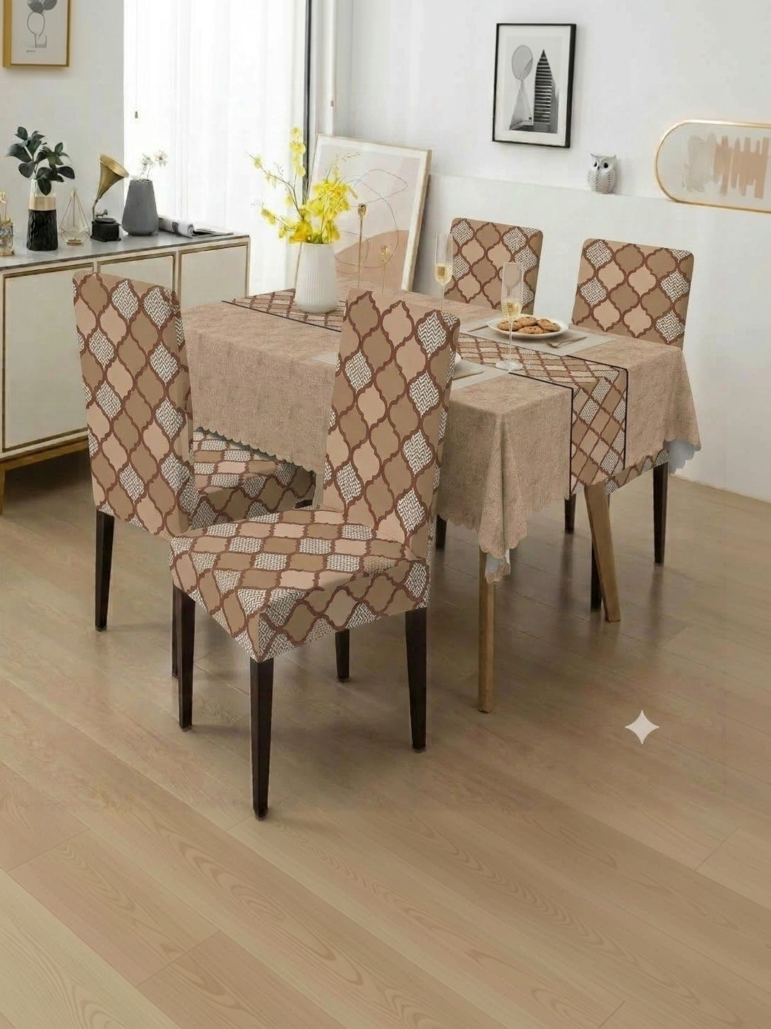 DFH 5-Pcs Cream & Brown Printed Chair Covers