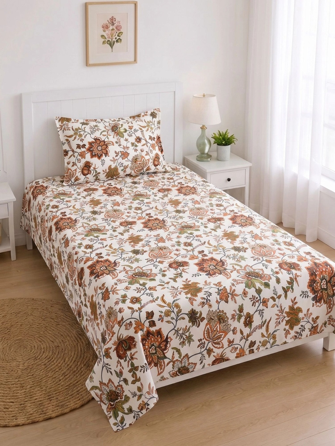 MAFATLAL Brown & Green Floral 144 TC Single Bedsheet with 1 Pillow Covers