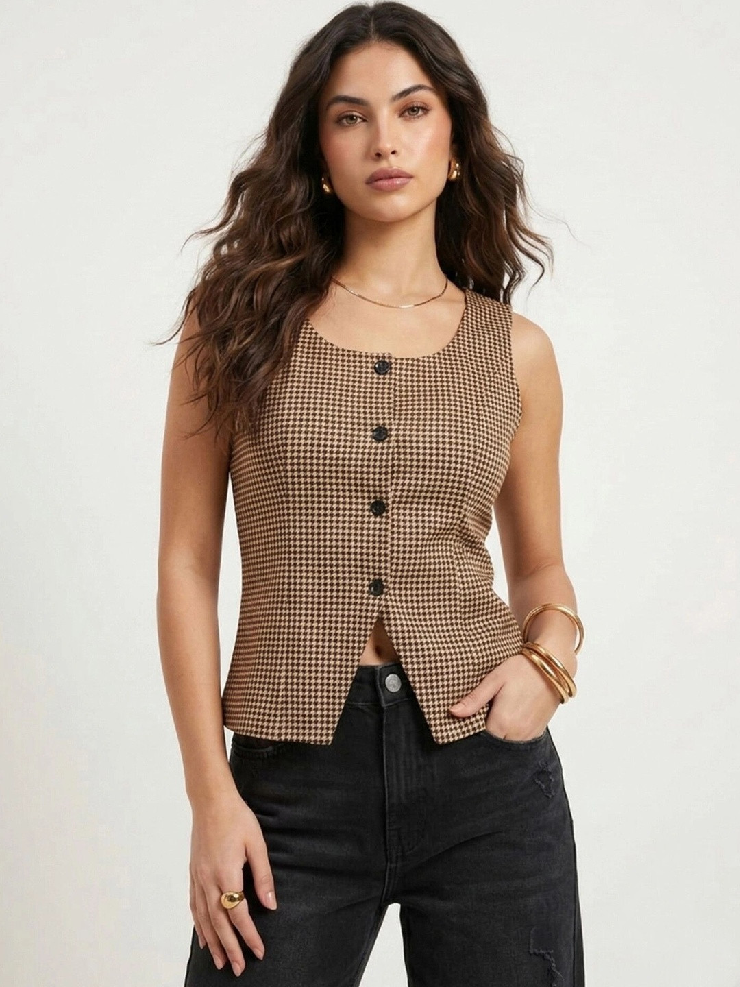 Selvia Womens Brown Checked Sleeveless Button-Down Top