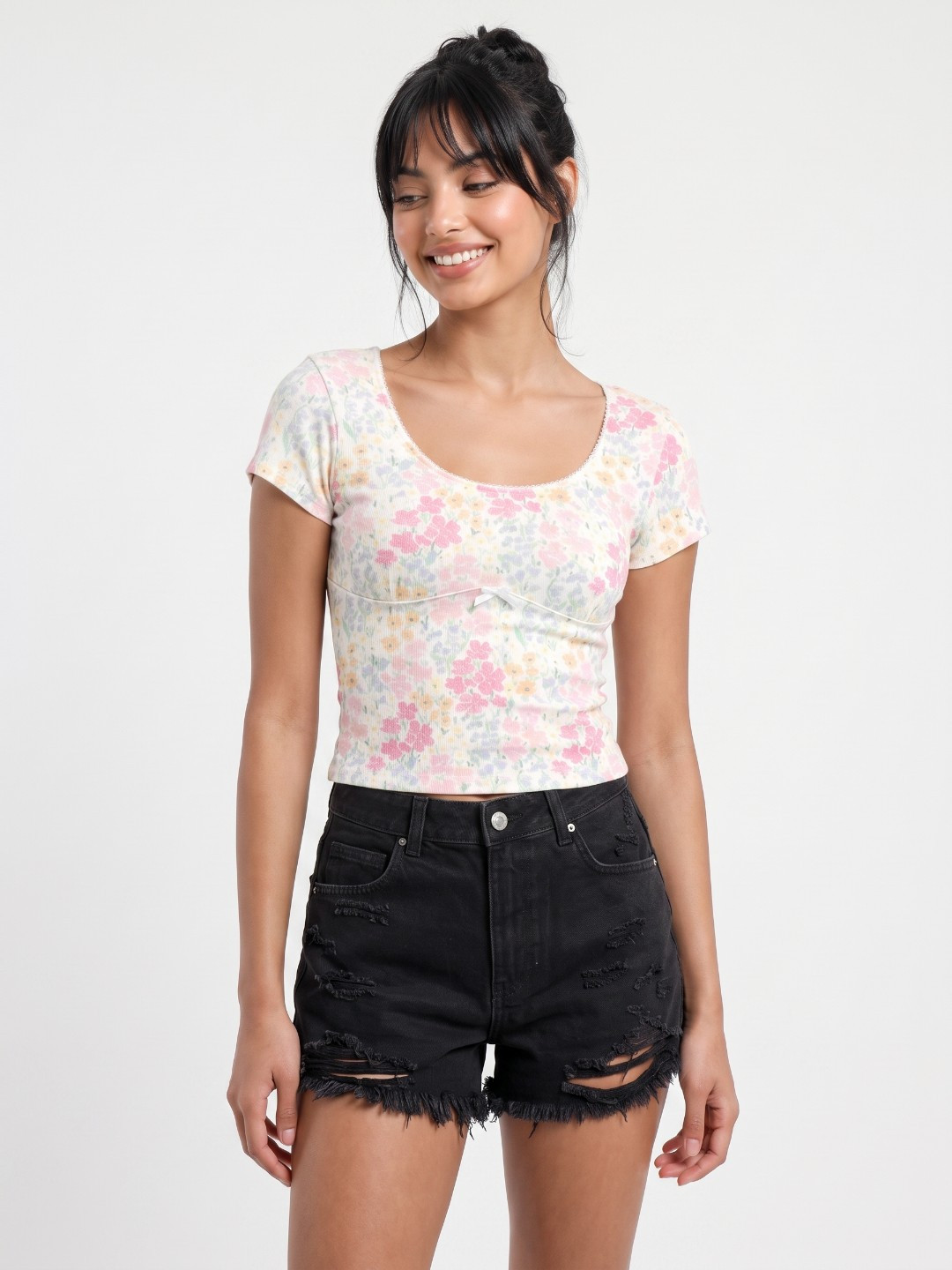 glitchez Floral Printed Slim Fit Top