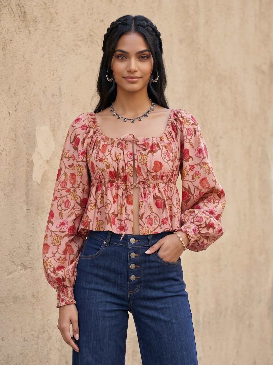 fusion by glitchez Floral Print Puff Sleeve A-Line Crop Top