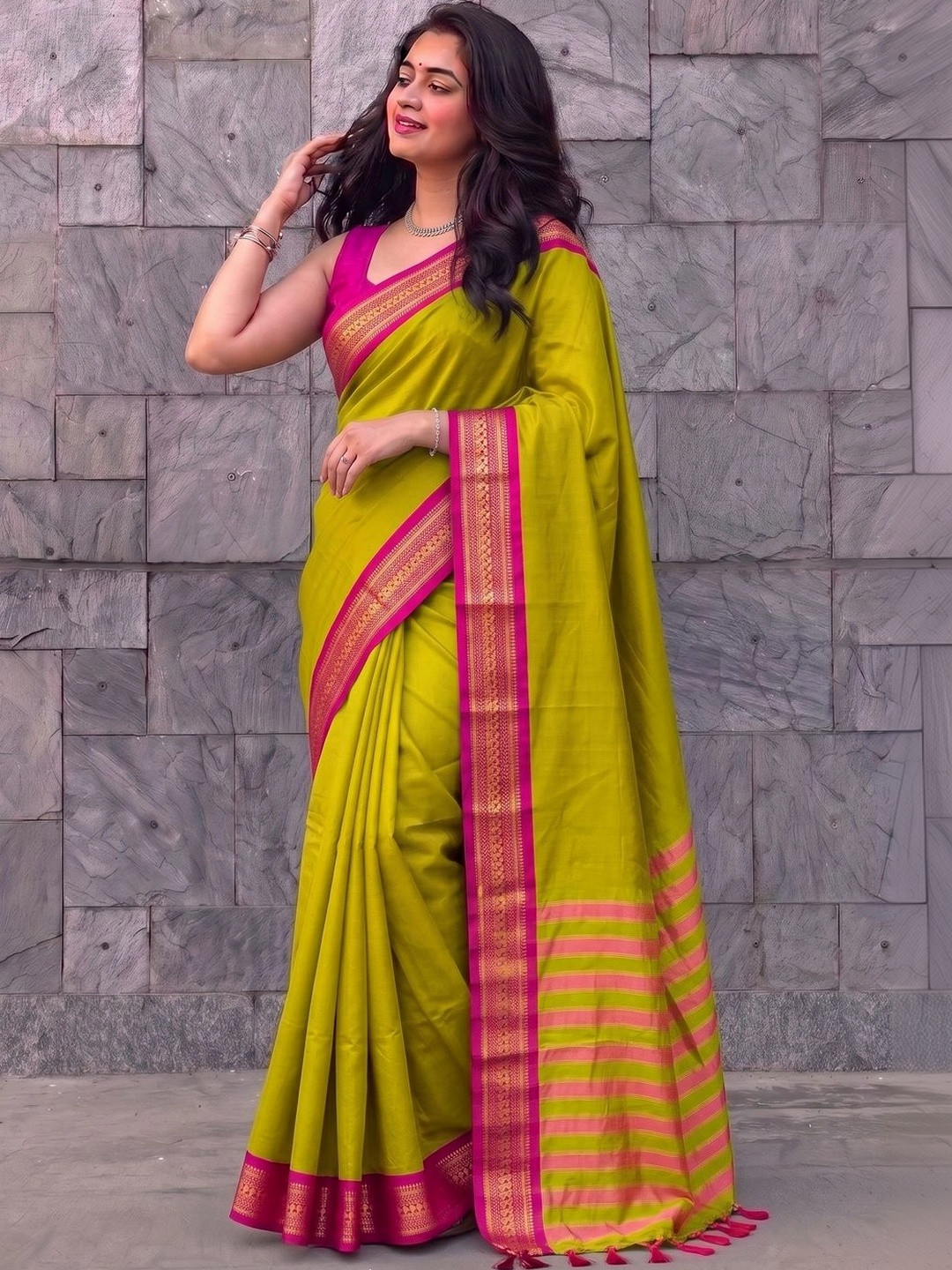 SILKWEAR Ethnic Motifs Zari Silk Cotton Paithani Saree