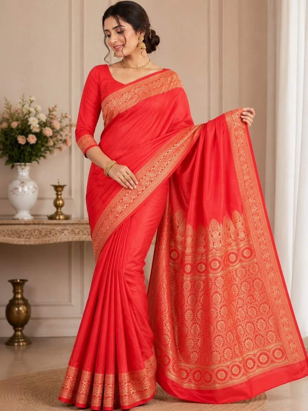Prisan Women Orange Woven Banarasi Soft Silk Saree with Unstitched Blouse