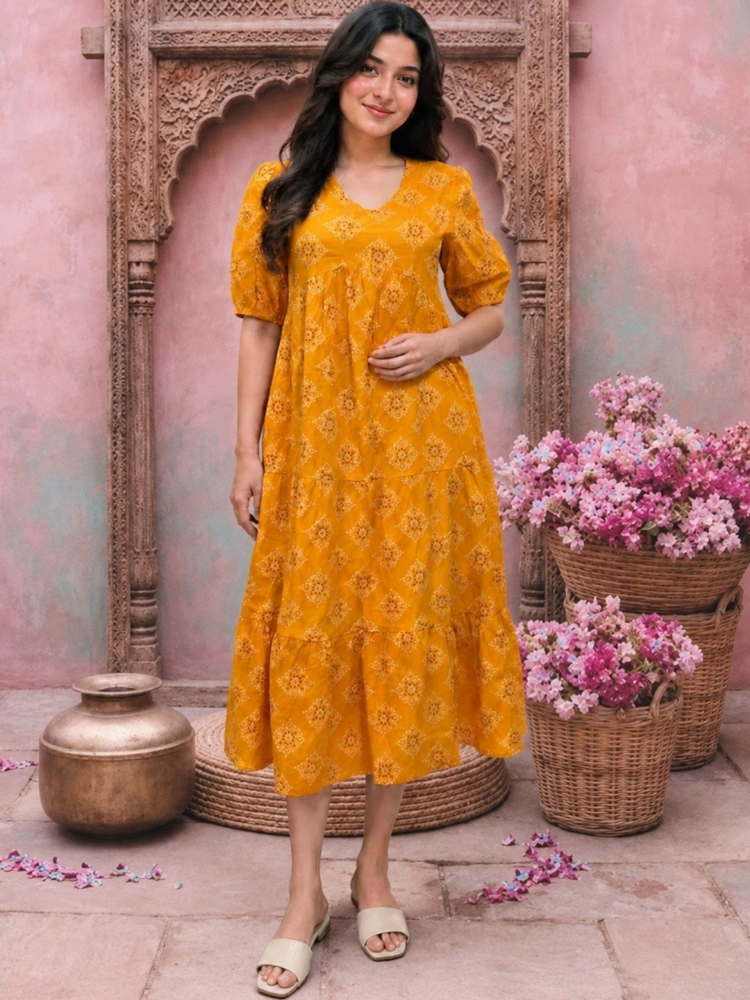 NAVYAAZRI Ethnic Motifs Print Puff Sleeve A-Line Midi Dress