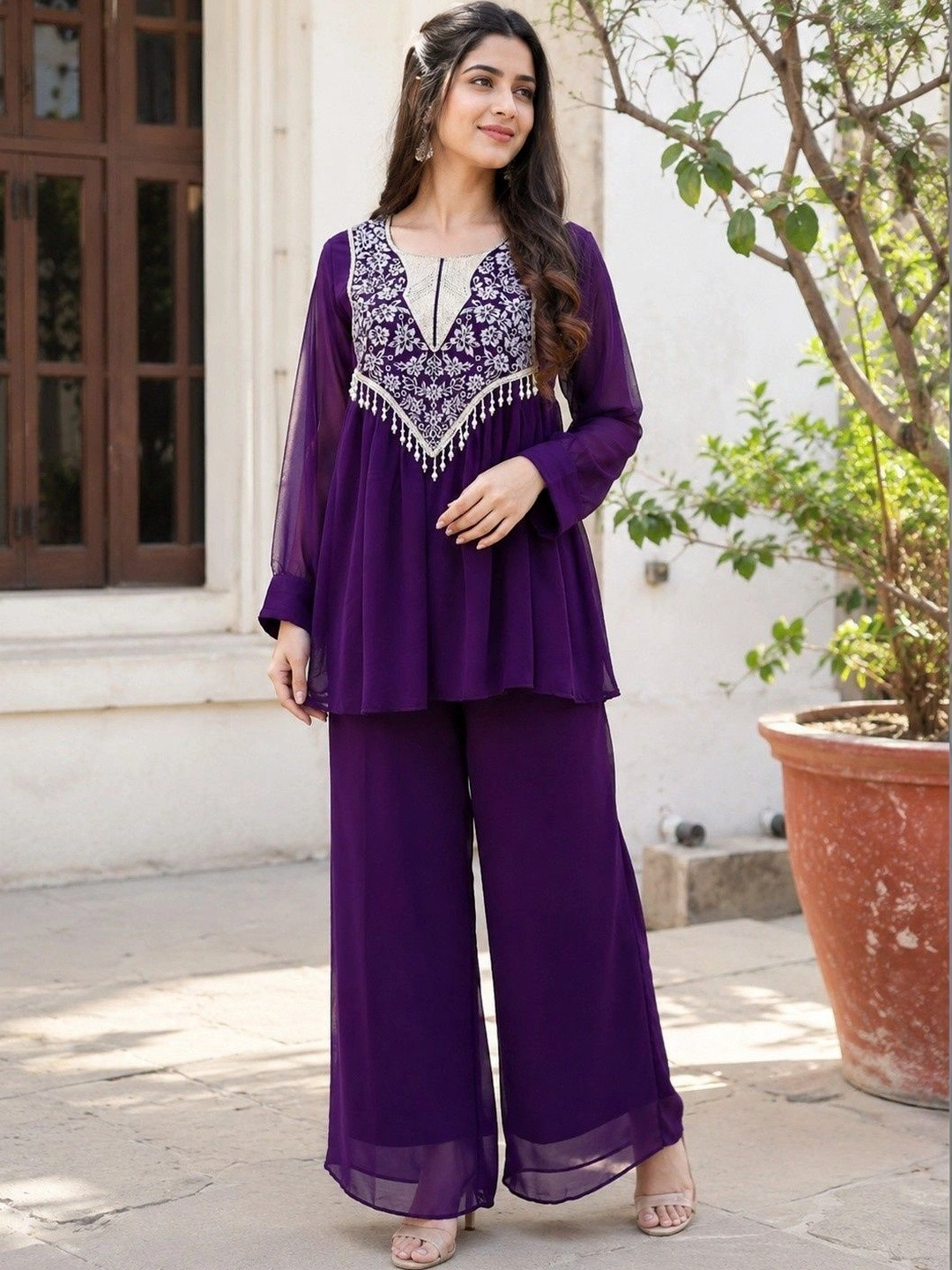 GMIYA Women Ethnic Motifs Embroidered Empire Thread Work Kurta with Palazzos