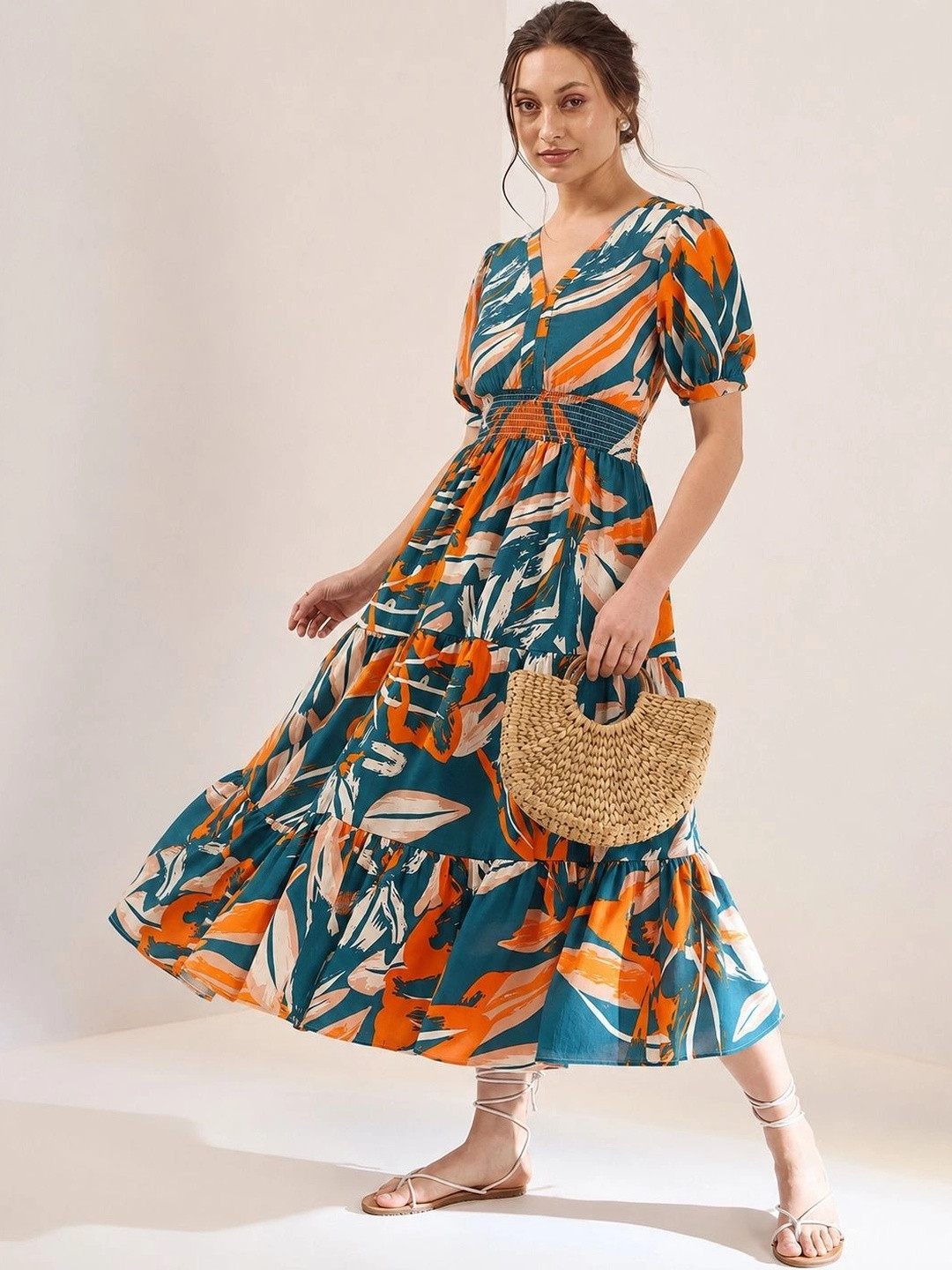 Green Abstract Print Puff Sleeve Maxi Dress