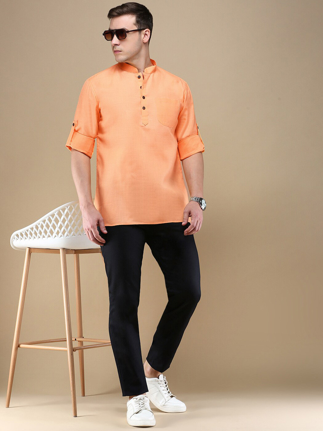 Anouk Peach-Coloured Mandarin Collar Roll-Up Sleeves Cotton Straight Kurta