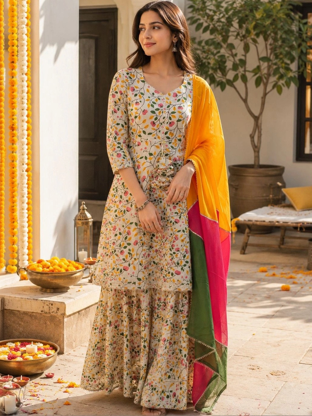 MAAND Women Floral Printed Regular Pure Cotton Kurta with Sharara & With Dupatta