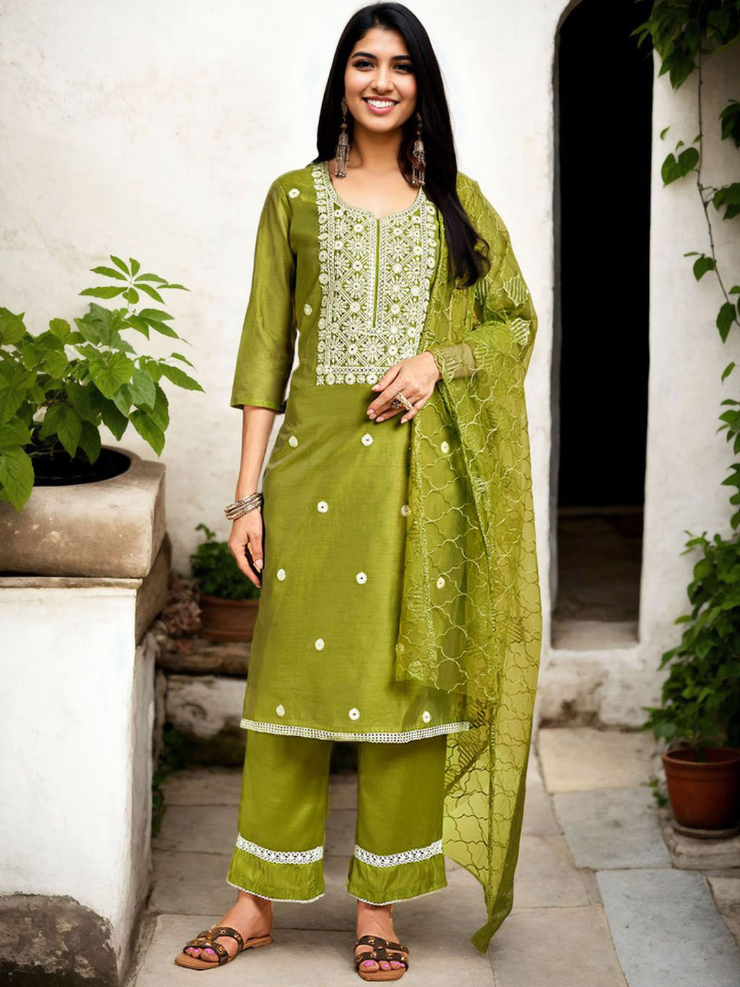 Anouk Women Ethnic Motifs Embroidered Regular Thread Work Chanderi Silk Kurta with Palazzos & With Dupatta