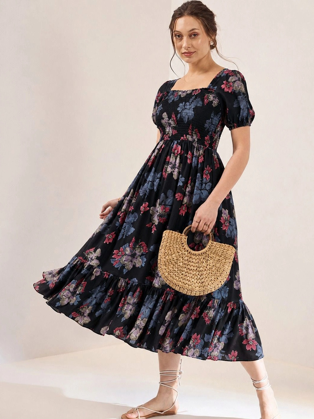 PTVIZE Floral Print Puff Sleeve A-Line Midi Dress